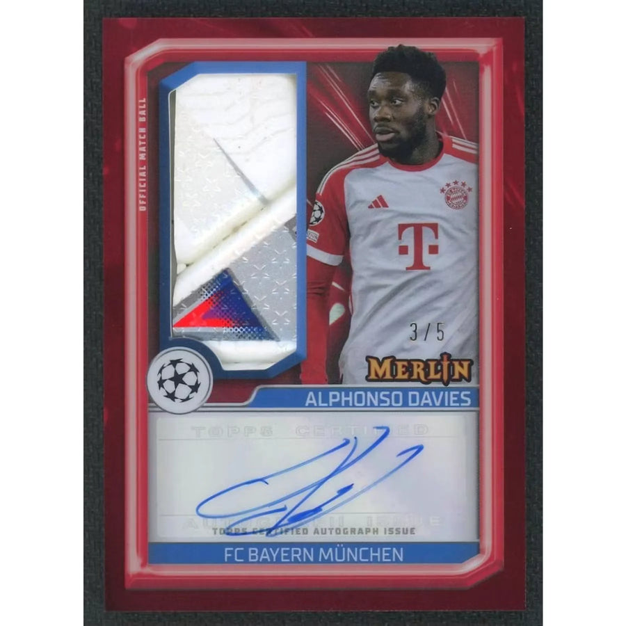 Alphonso Davies Signed Match Ball Signature Card | 2023-24 Topps Merlin Red Refractor/5