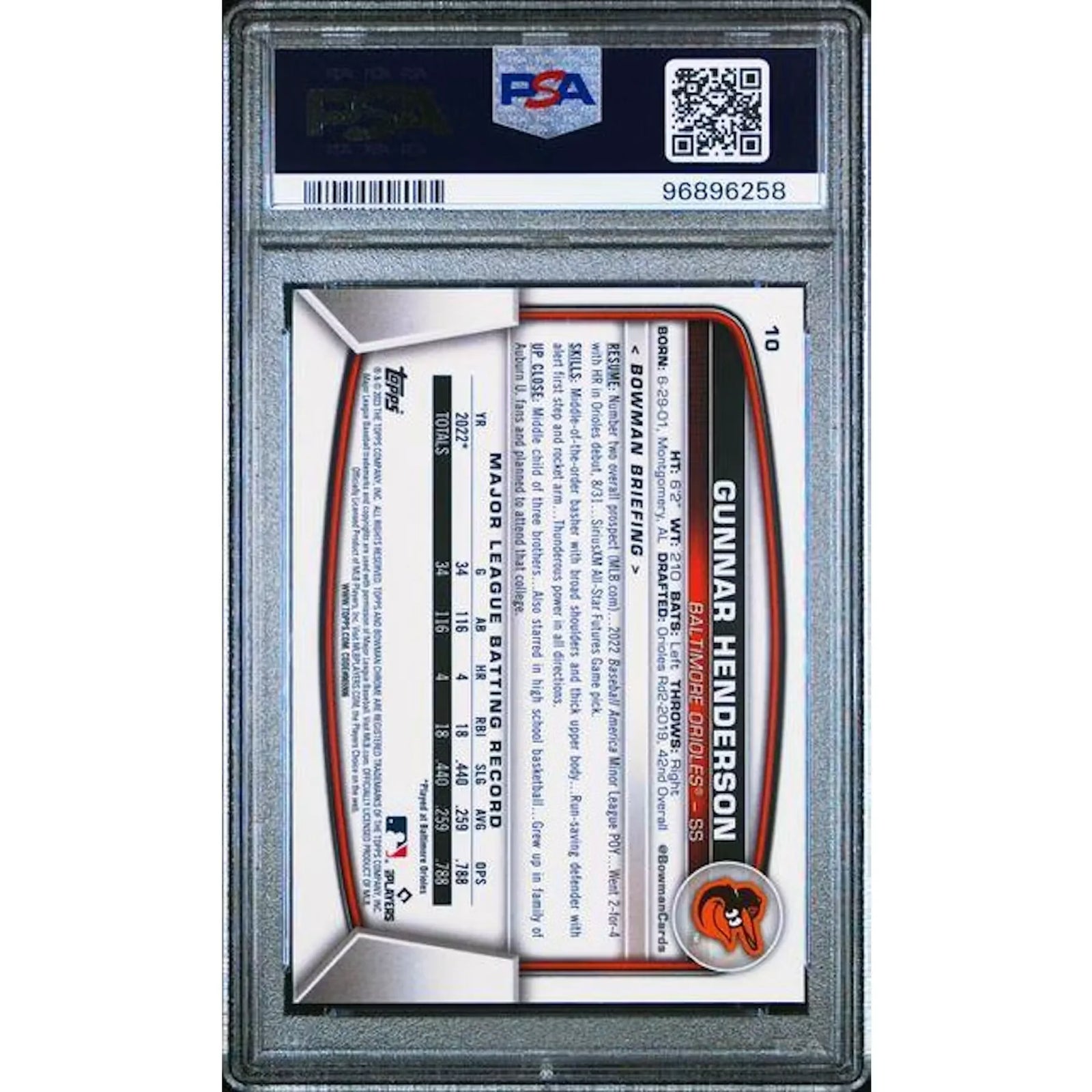 Gunnar Henderson 2023 Bowman Chrome Rookie SP #10 | PSA 10
