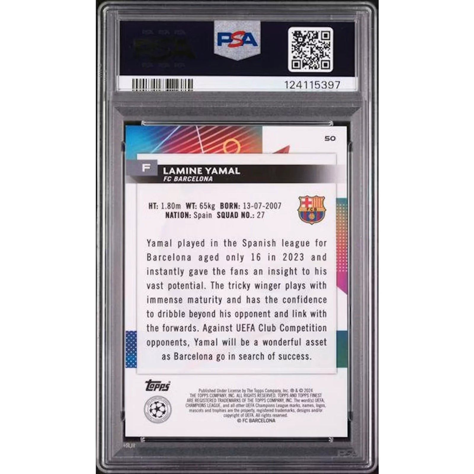 Lamine Yamal 2023-24 Topps Finest Rose Gold Mini Diamond Rookie #50 Card | PSA 10