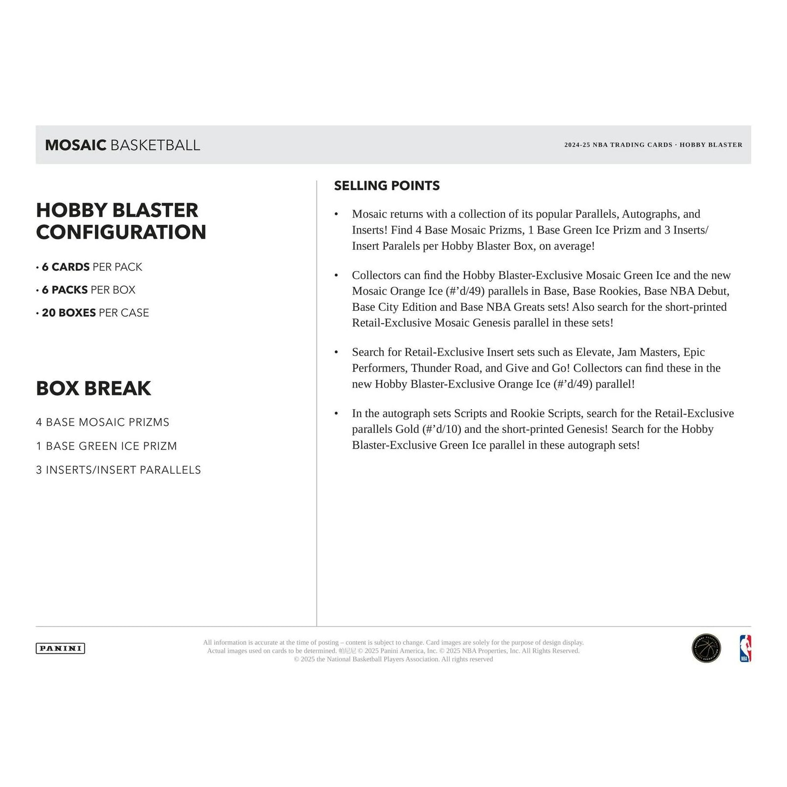 DRAFT - 2024-25 Panini Mosaic Basketball Blaster Box | Hobby Release