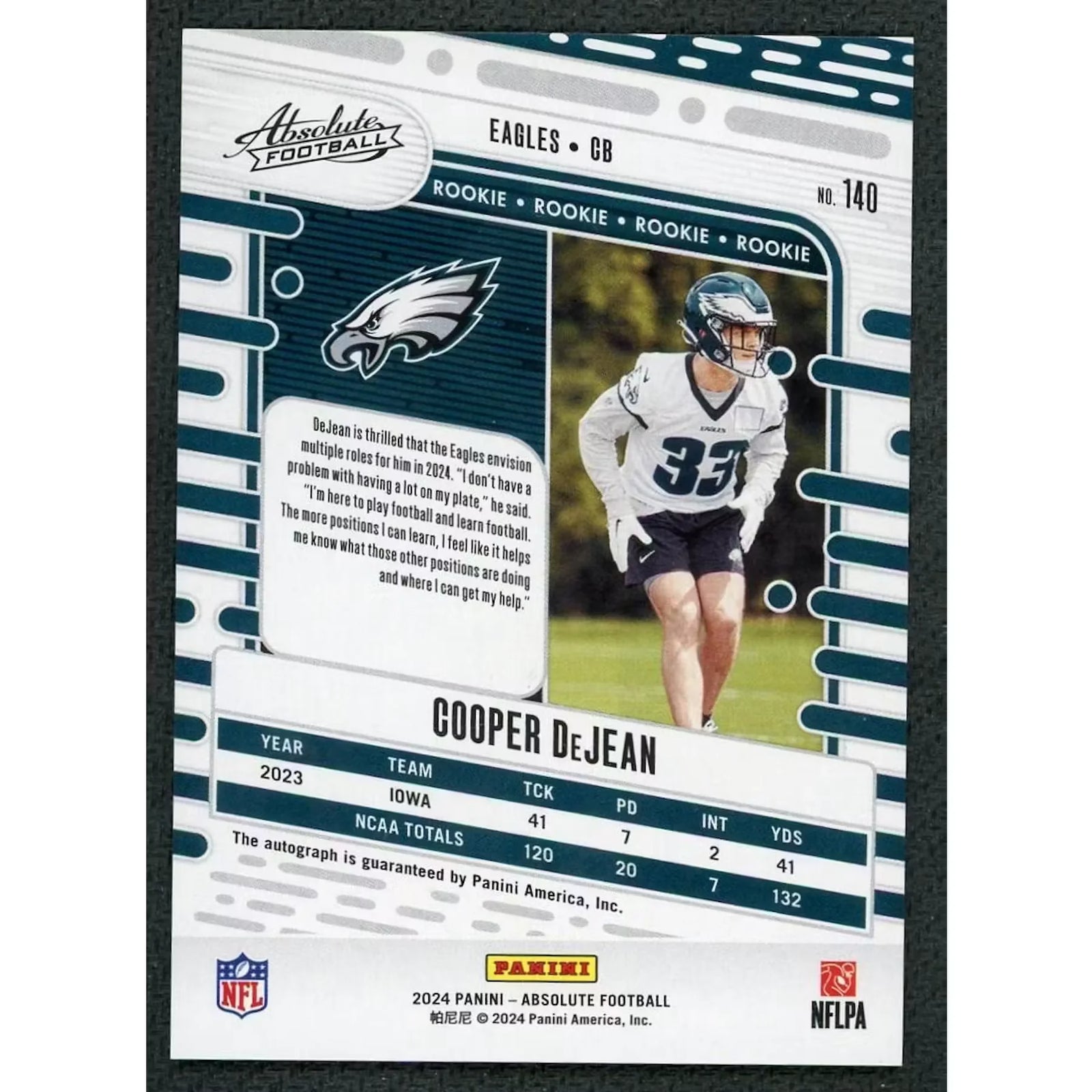 Cooper DeJean Signed 2024 Panini Absolute Gold Stars Card | Auto/10