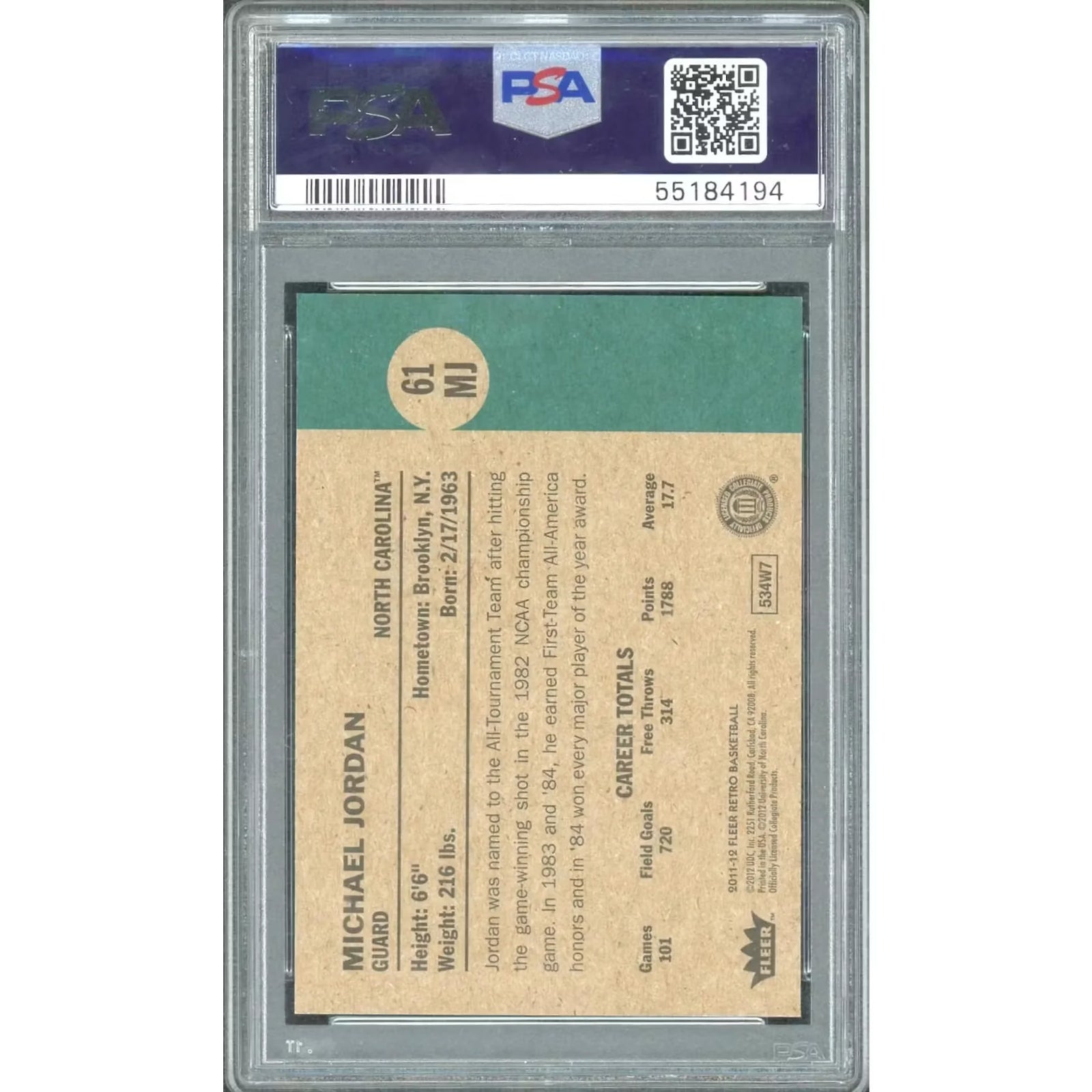Michael Jordan 1961-62 2011 Fleer Retro Card | PSA 8