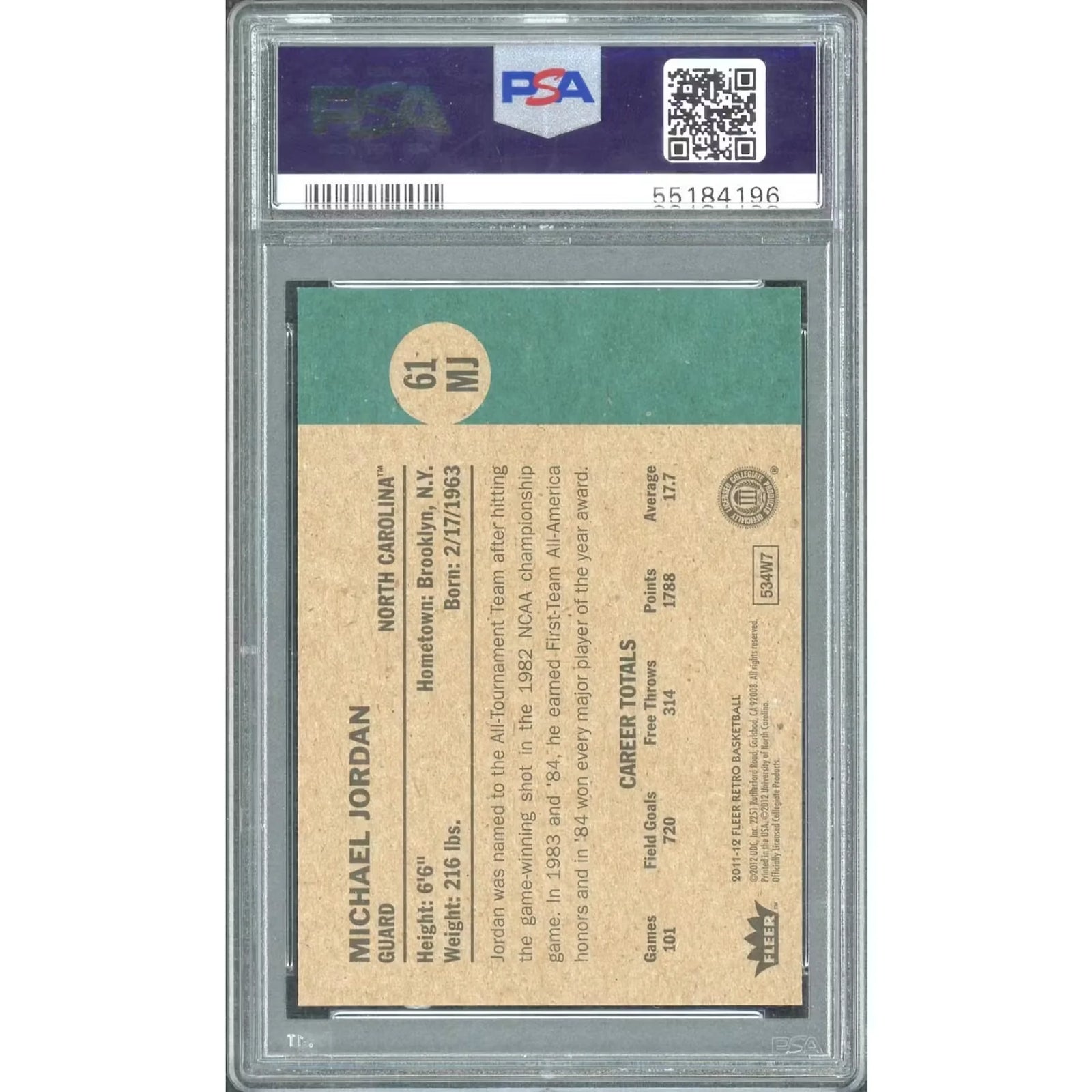 Michael Jordan 1961-62 Red 2011 Fleer Retro Card | PSA 8