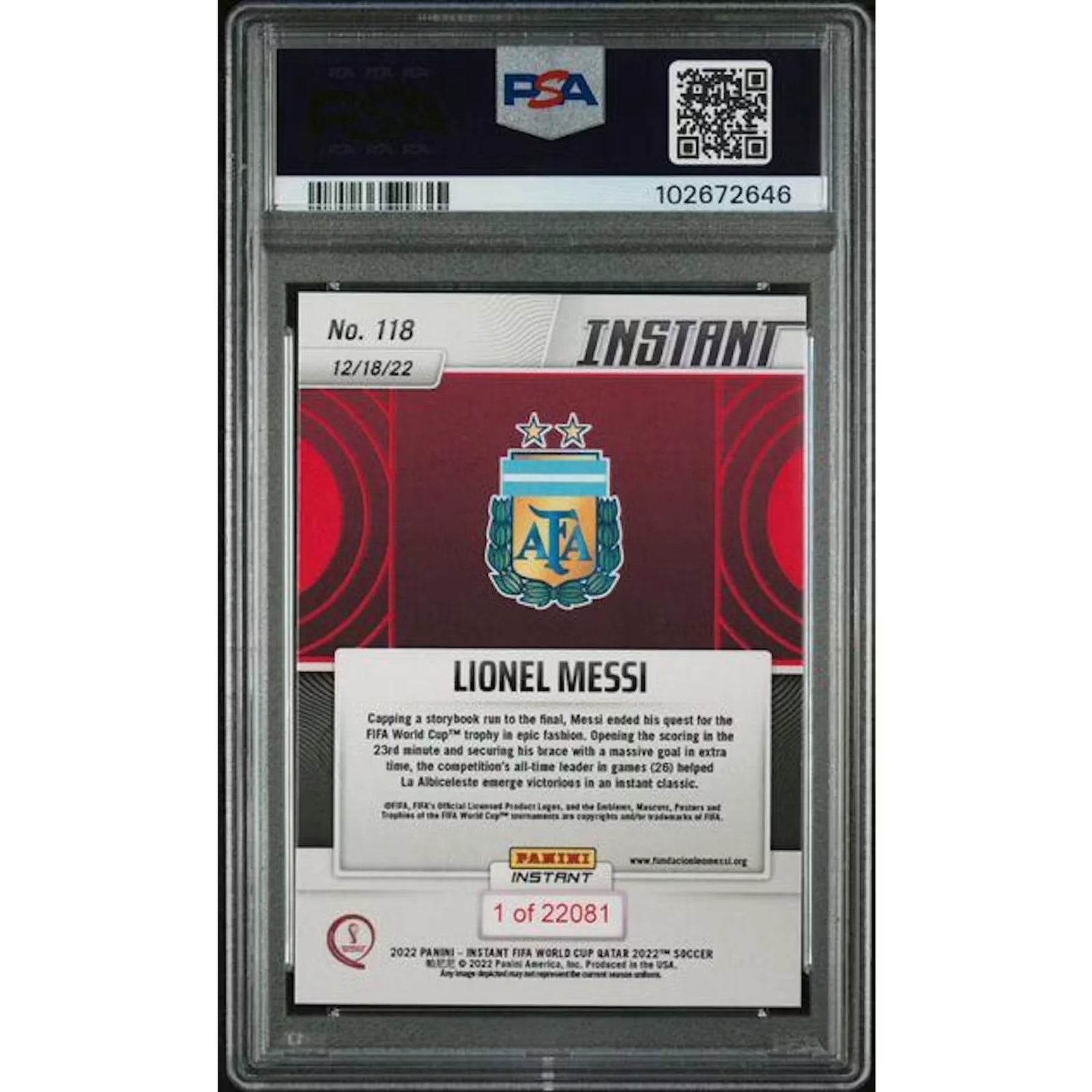 Lionel Messi Signed 2022 Panini Instant FIFA World Cup Qatar #118 | PSA 10