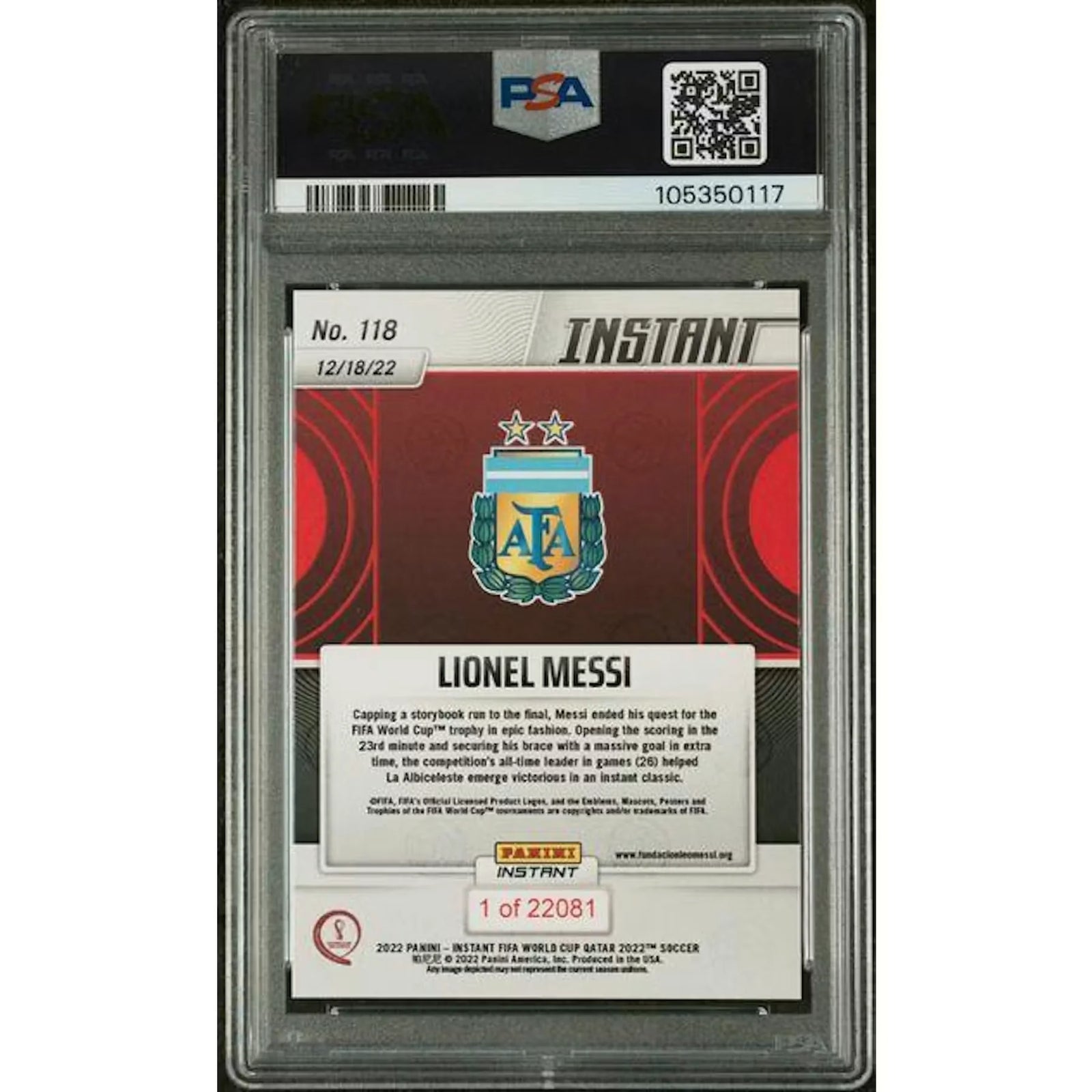 2022 Panini Instant FIFA World Cup Qatar Lionel Messi #118 PSA 10 - D2