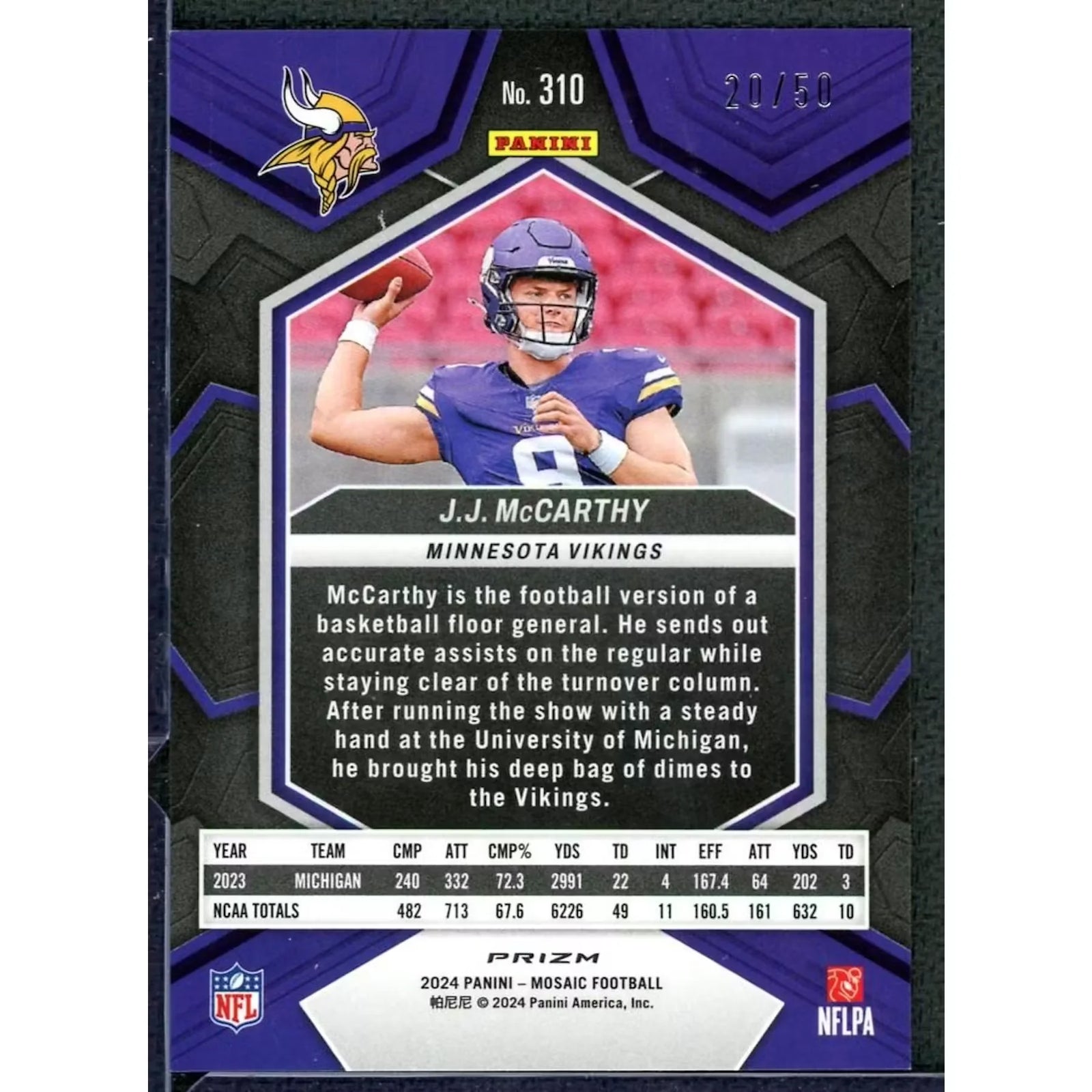 JJ McCarthy 2024 Panini Mosaic Purple Disco Rookie Card | #310/50