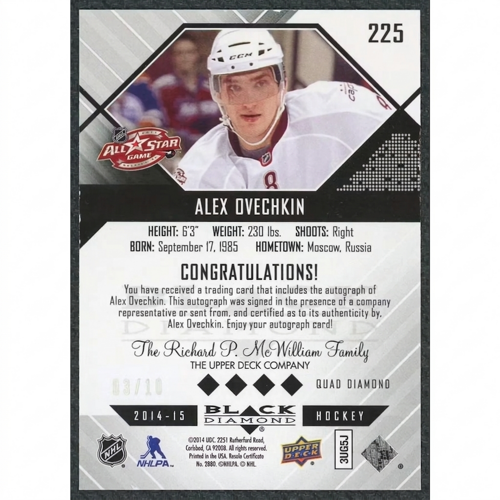 Alex Ovechkin Signed 2014-15 Upper Deck Black Diamond Card | Emerald/10