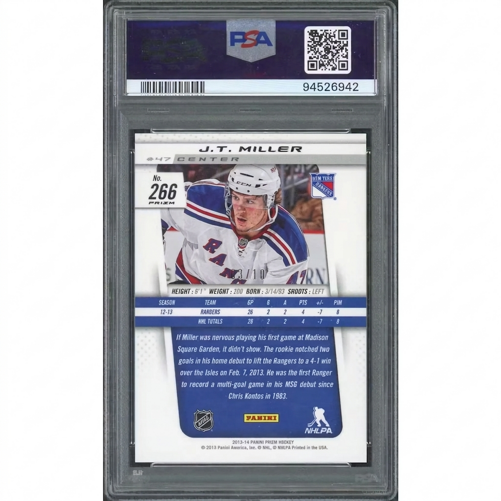 J.T. Miller 2013-14 Panini Prizm Gold Rookie #266 Card | PSA 10