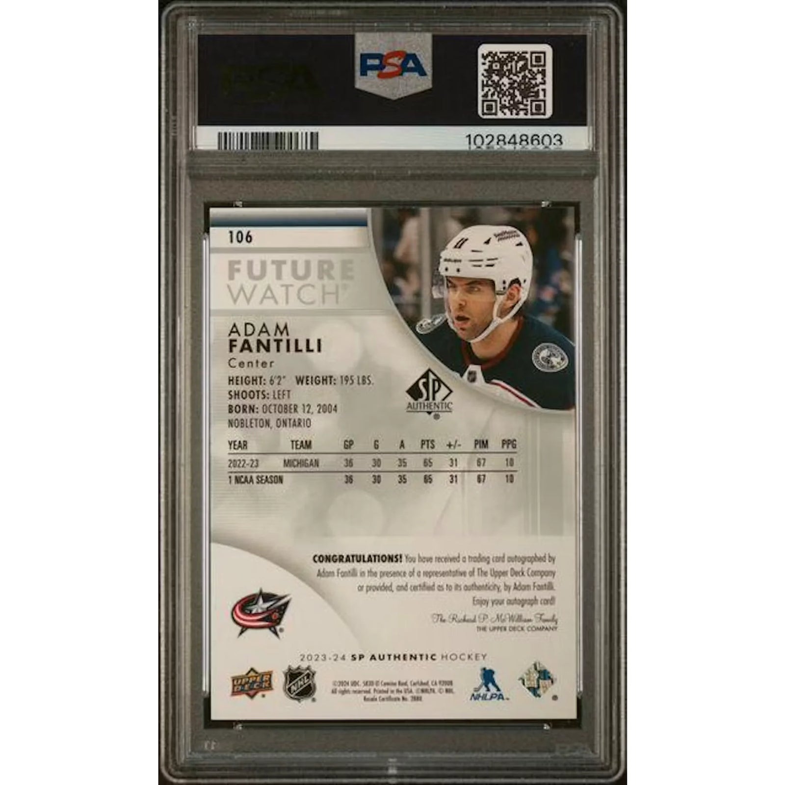 Adam Fantilli Signed 2023-24 Upper Deck SP Authentic Card | PSA 9