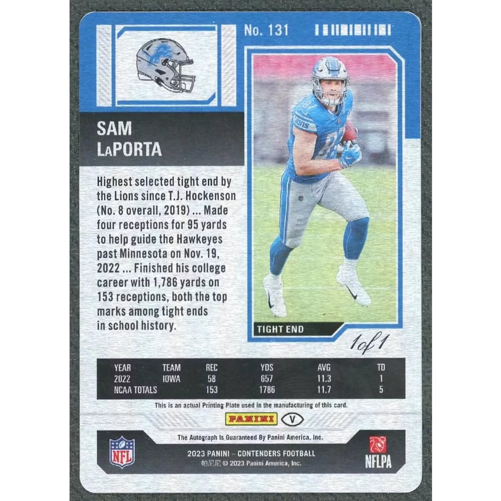 Sam Laporta Signed 2023 Panini Contenders Printing Plate | 1/1