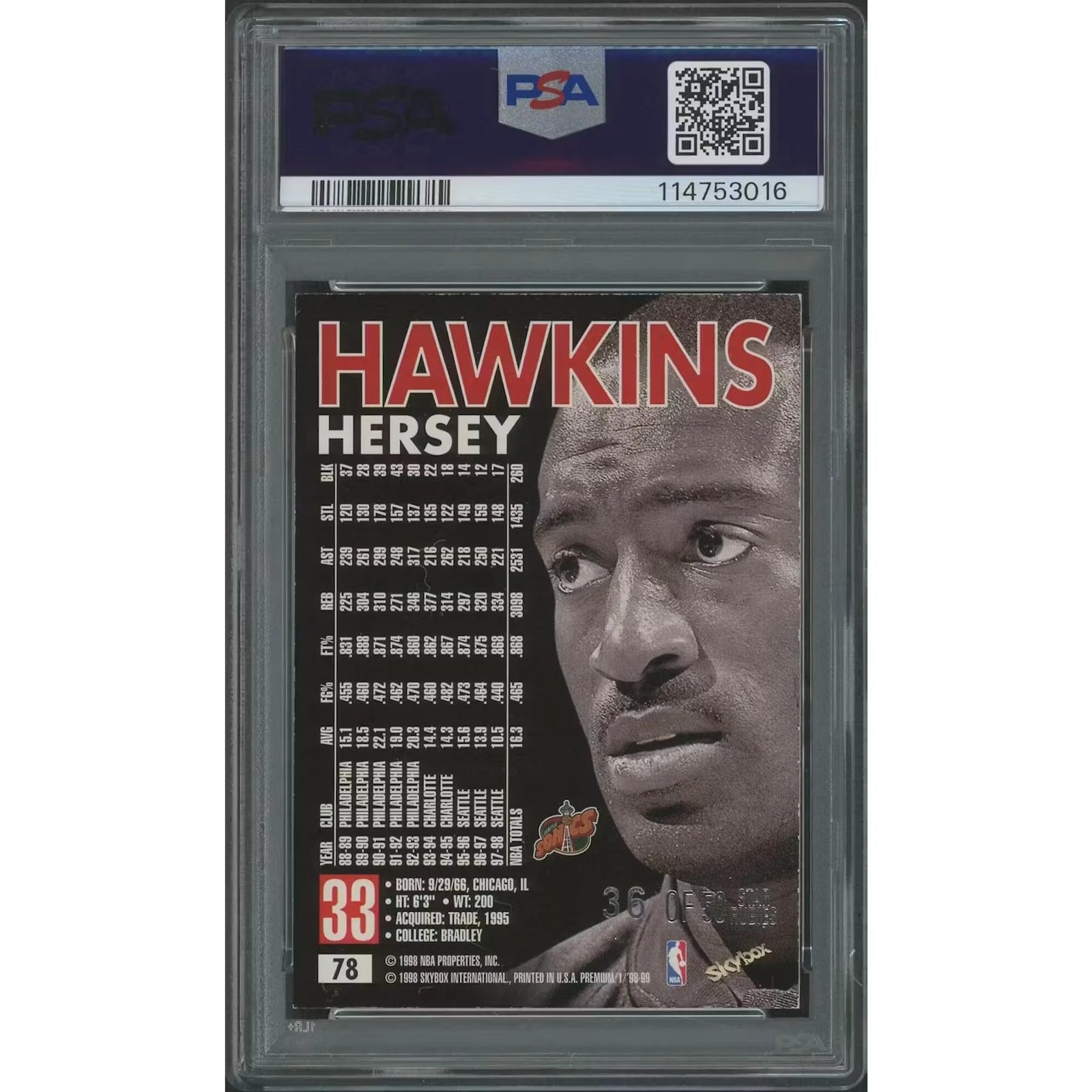 Hersey Hawkins 1998-99 SkyBox Premium Basketball Card | Star Rubies #36/50 PSA 5