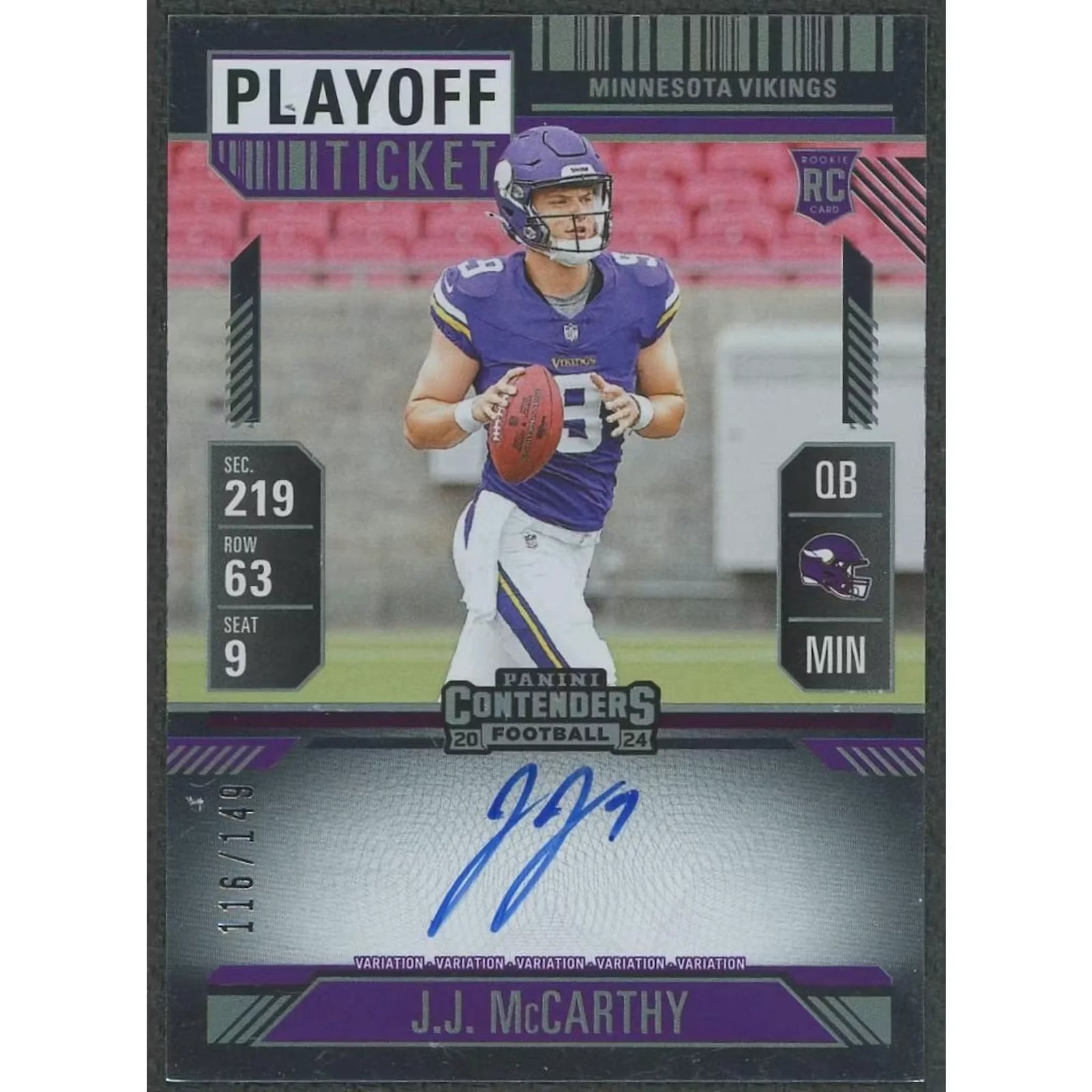 JJ McCarthy Signed 2024 Panini Contenders Playoff Ticket |/149