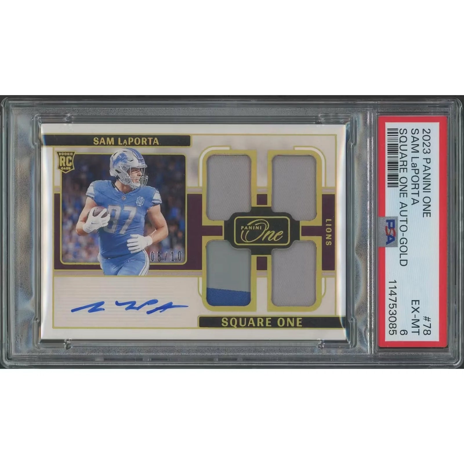 Sam LaPorta Signed 2023 Panini One Rookie Card | PSA 6 Gold Square