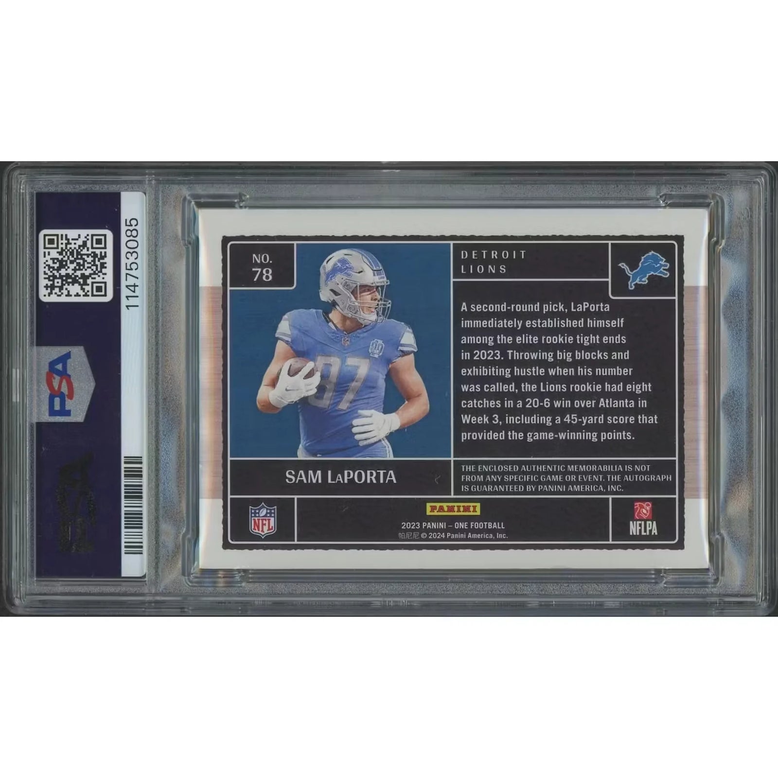 Sam LaPorta Signed 2023 Panini One Rookie Card | PSA 6 Gold Square