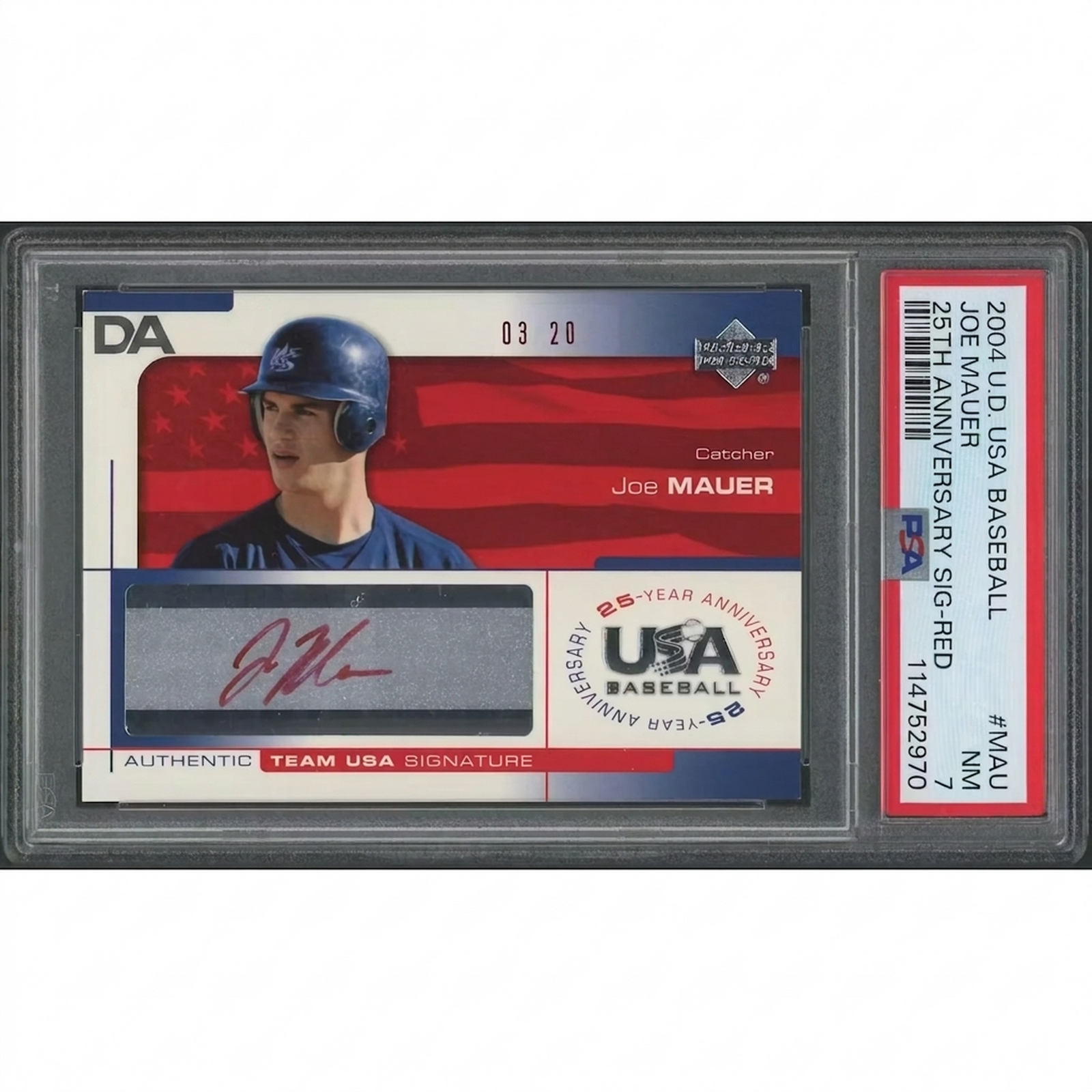Joe Mauer Signed 2004 Upper Deck USA Baseball Card | PSA 7 Red Auto #03/20