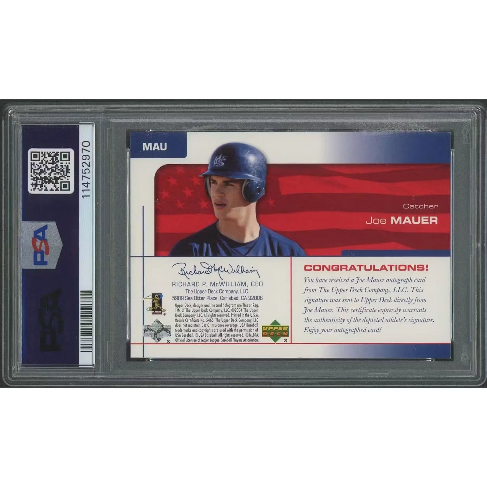 Joe Mauer Signed 2004 Upper Deck USA Baseball Card | PSA 7 Red Auto #03/20