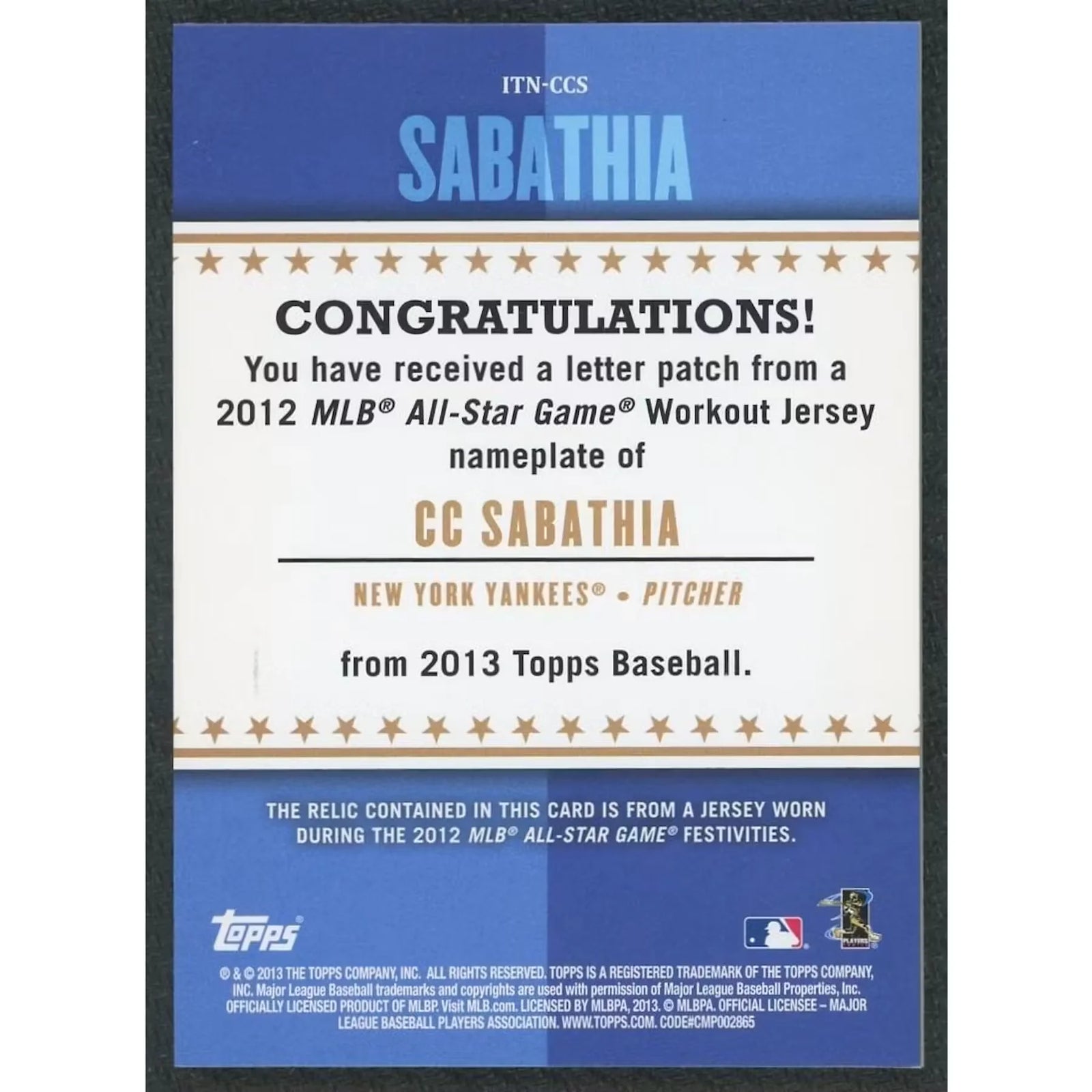 C.C. Sabathia Signed 2013 Topps In the Name Card | 1/1 Nameplate