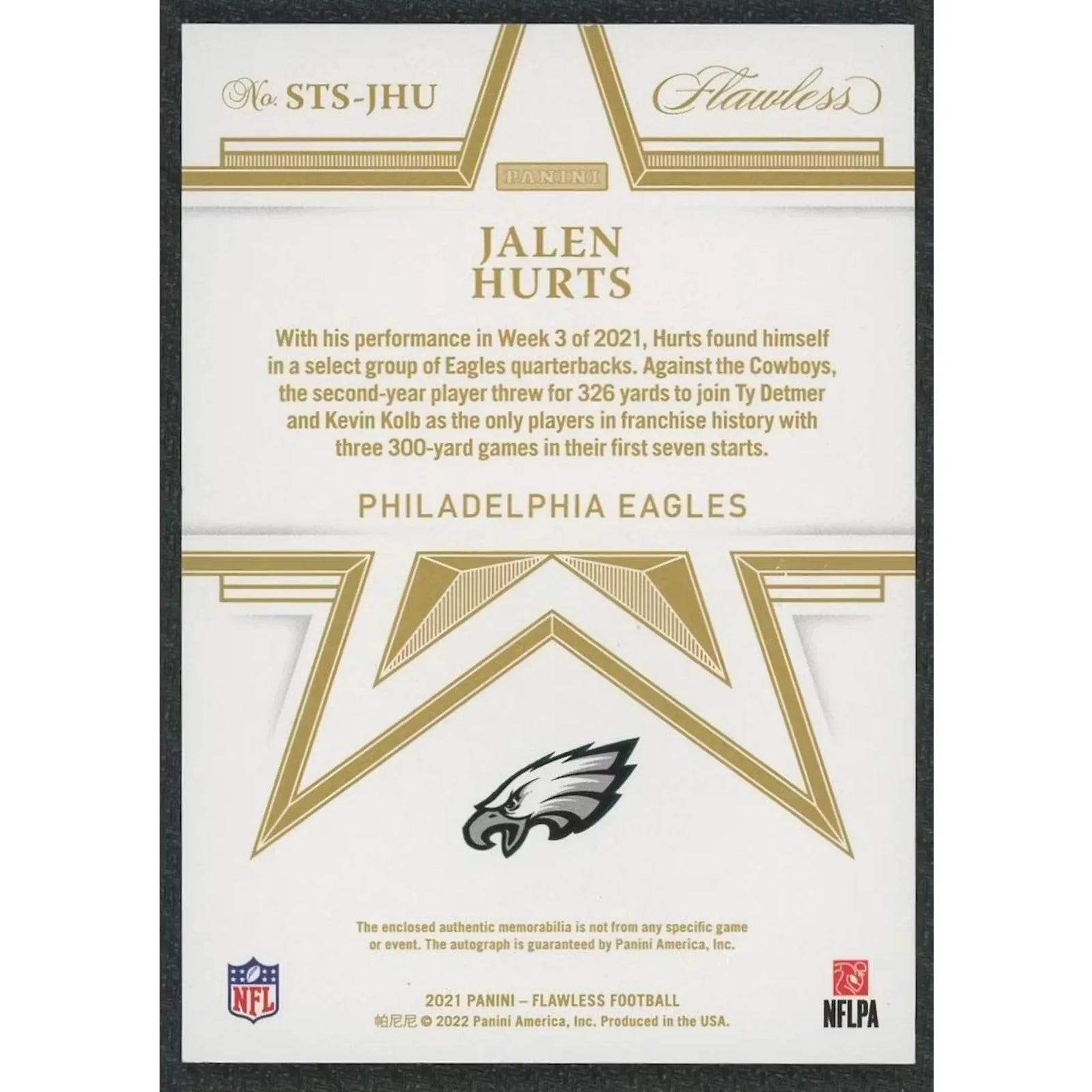 Jalen Hurts Signed 2021 Panini Flawless Star Swatch Card |/20