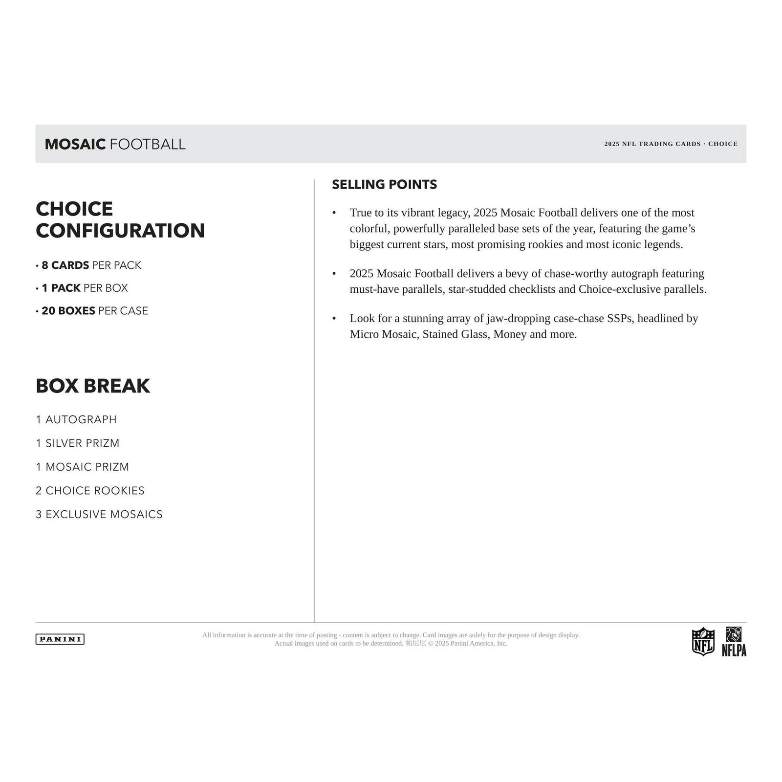 DRAFT - 2025 Panini Mosaic Football Choice 20-Box Case | SKU BV9U0KN6U1