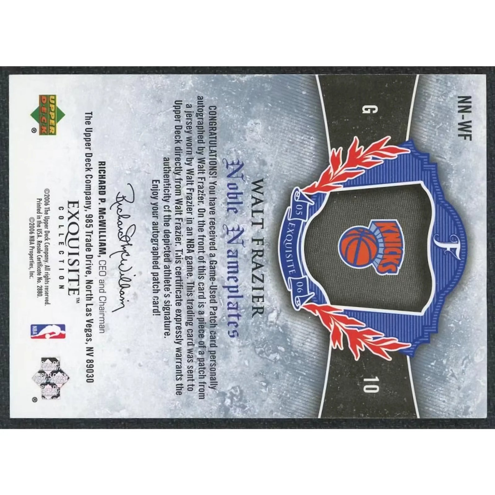 Walt Frazier Signed 2006 Upper Deck Exquisite Card | Noble Nameplates Auto/25