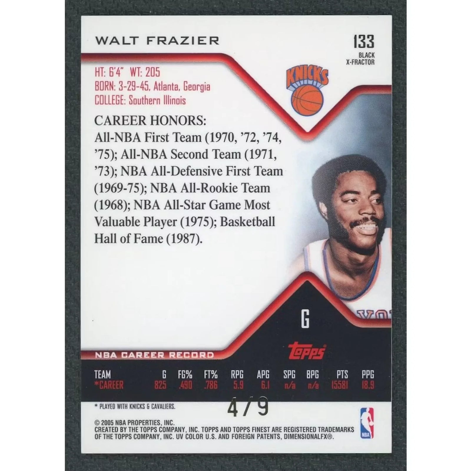 Walt Frazier 2005 Topps Finest Black Refractor Card |/9