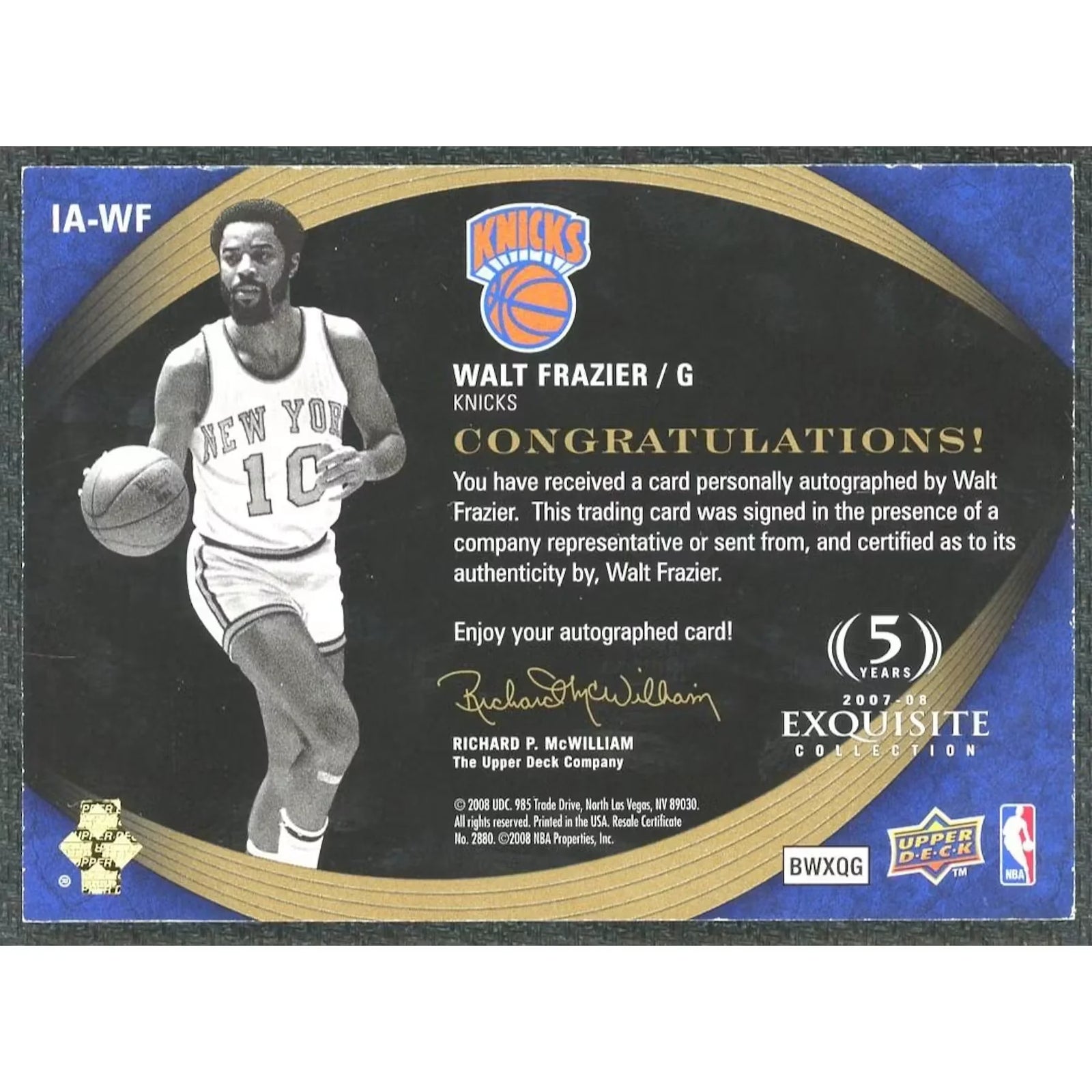 Walt Frazier Signed 2008 Upper Deck Exquisite Card | Inscriptions Auto/25