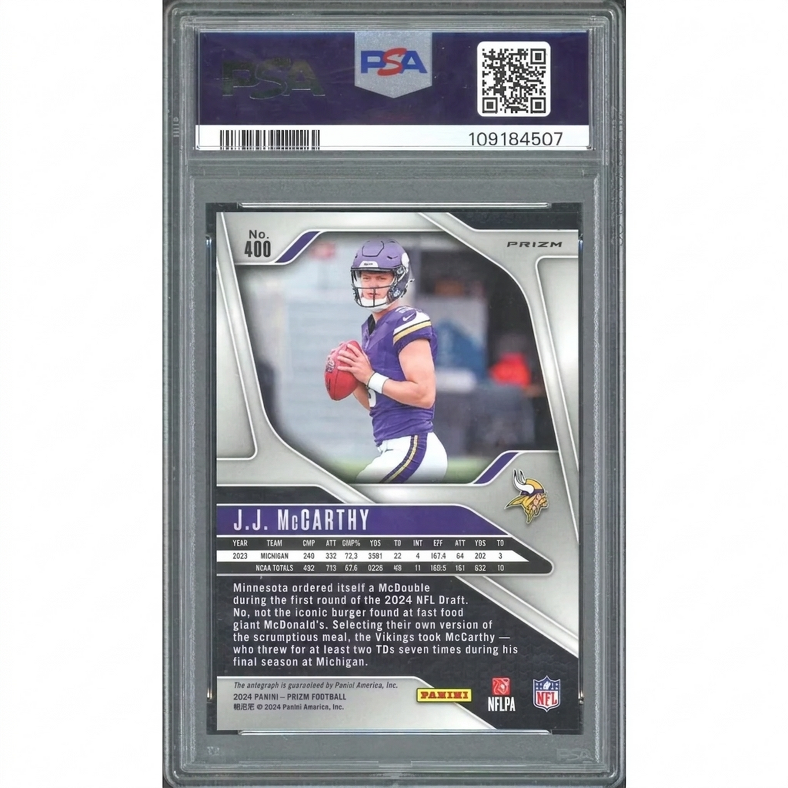 JJ McCarthy 2024 Panini Prizm Silver Prizm Rookie Auto | PSA 10 #400