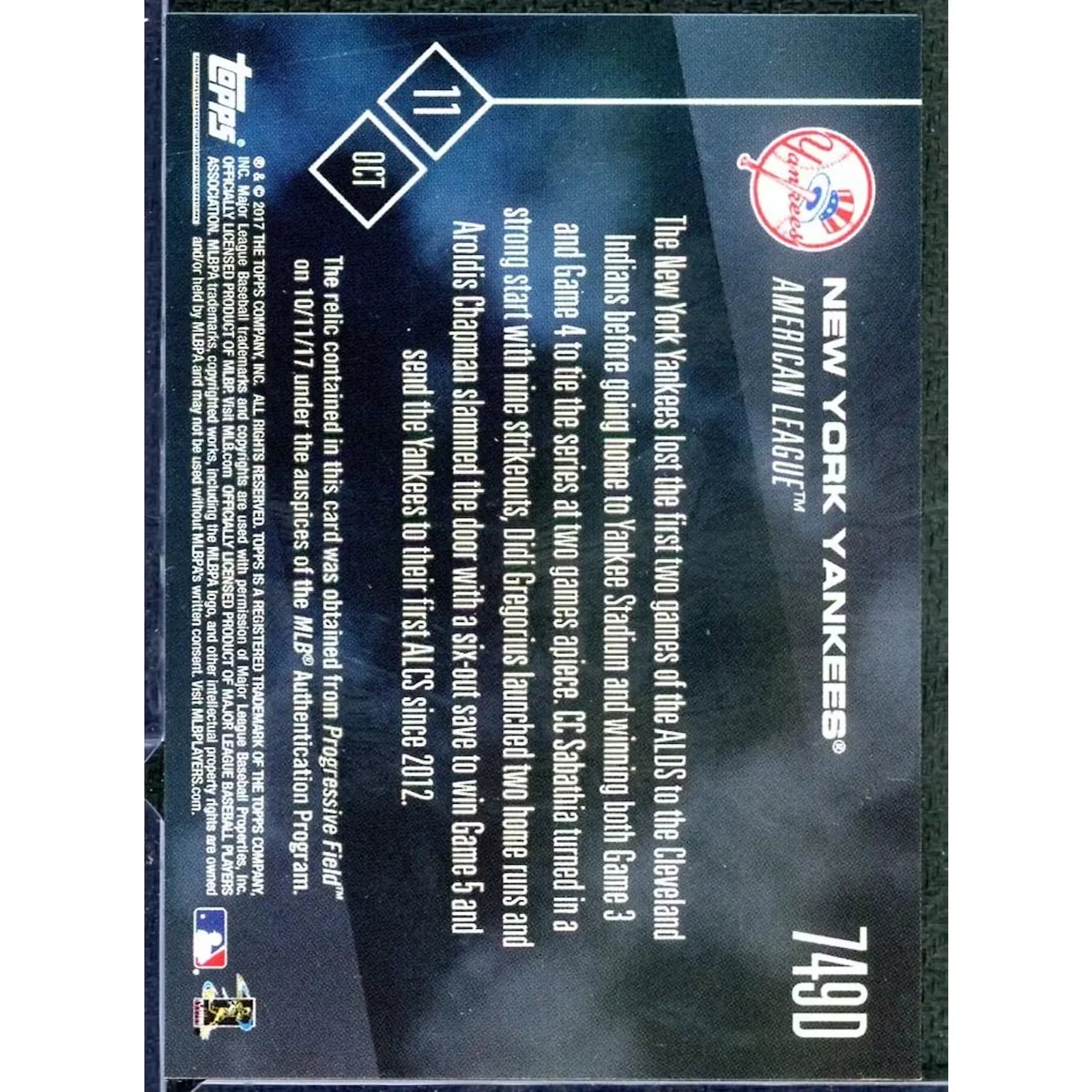 2017 Topps Now Yankees ALDS Game Used Base Card |/10