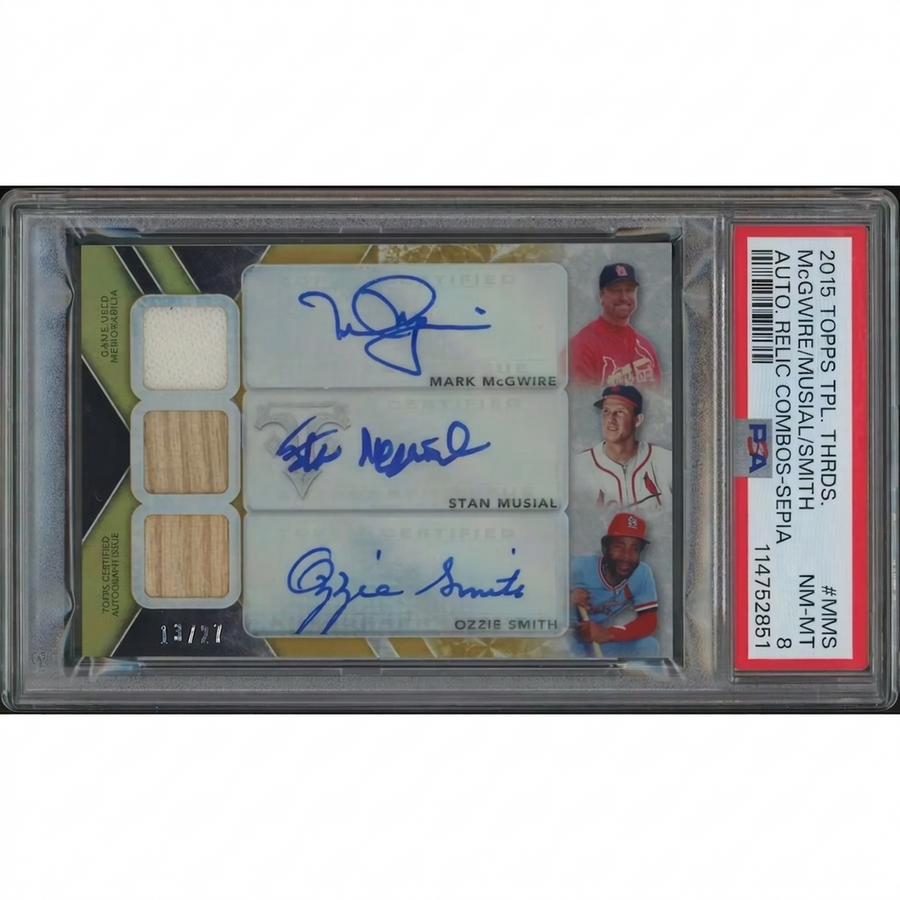 Stan Musial, Ozzie Smith & Mark McGwire Signed 2015 Topps Triple Threads #13 Card | PSA 8