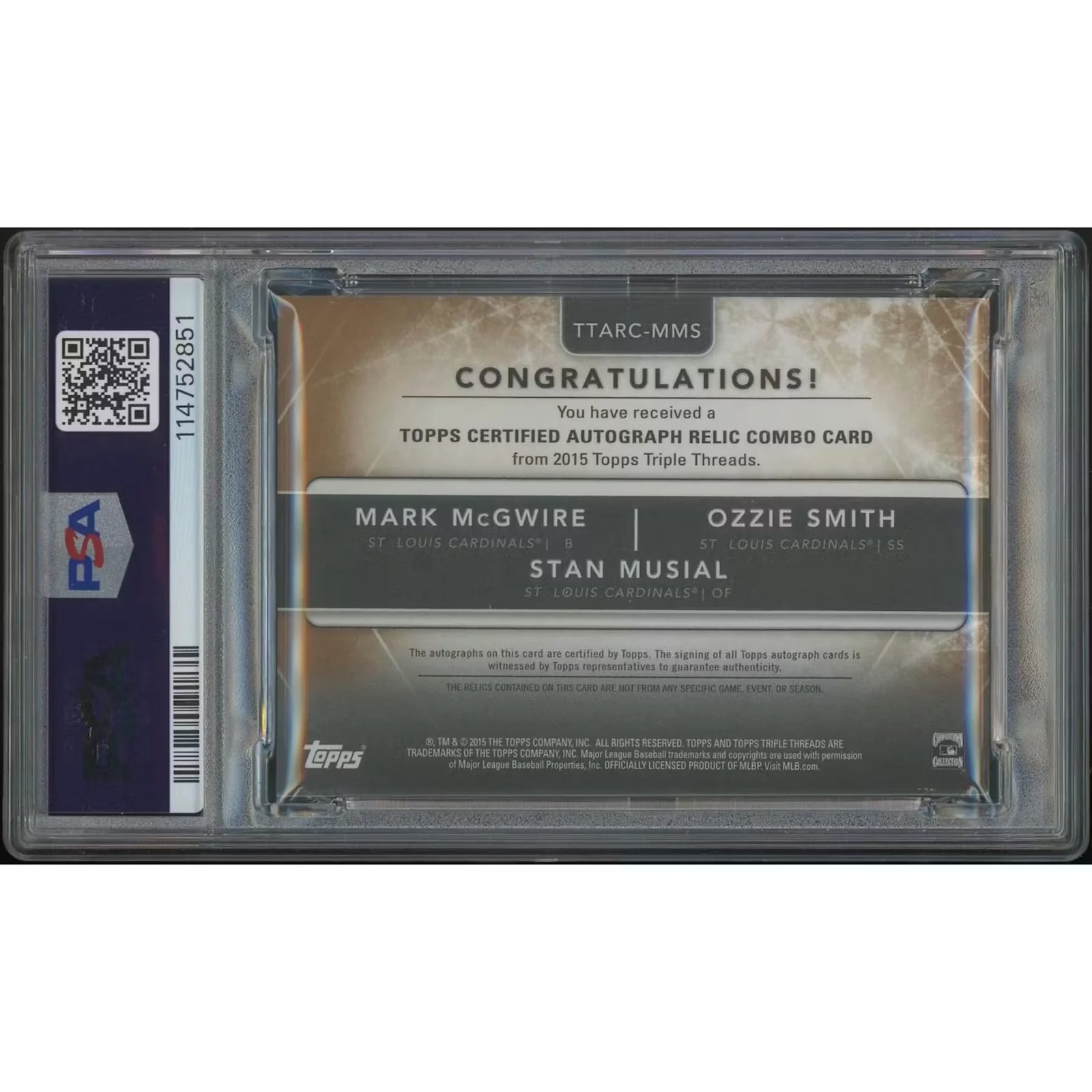 Stan Musial, Ozzie Smith & Mark McGwire Signed 2015 Topps Triple Threads #13 Card | PSA 8