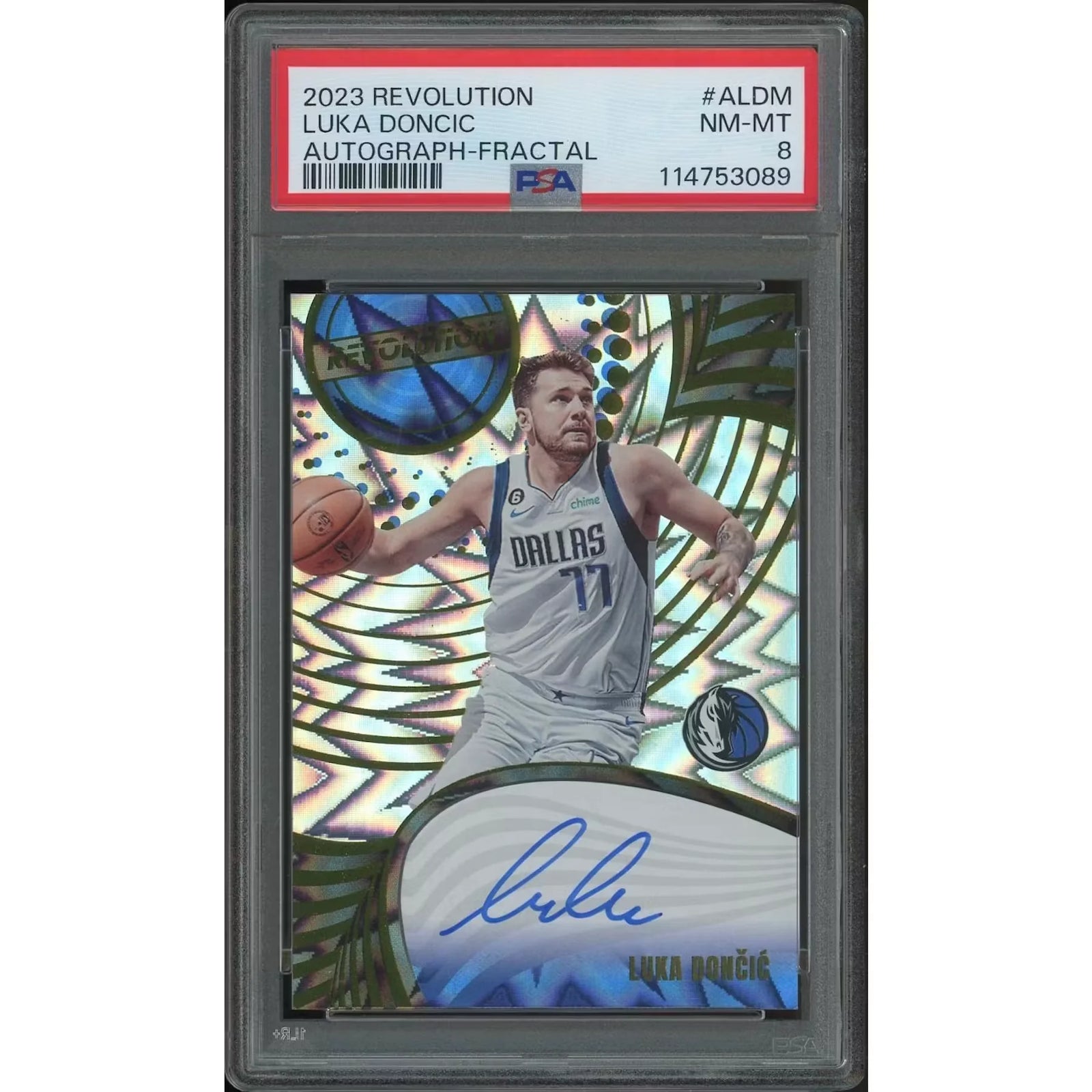 Luka Doncic Signed 2023-24 Panini Revolution Fractal Auto | PSA 8 #13