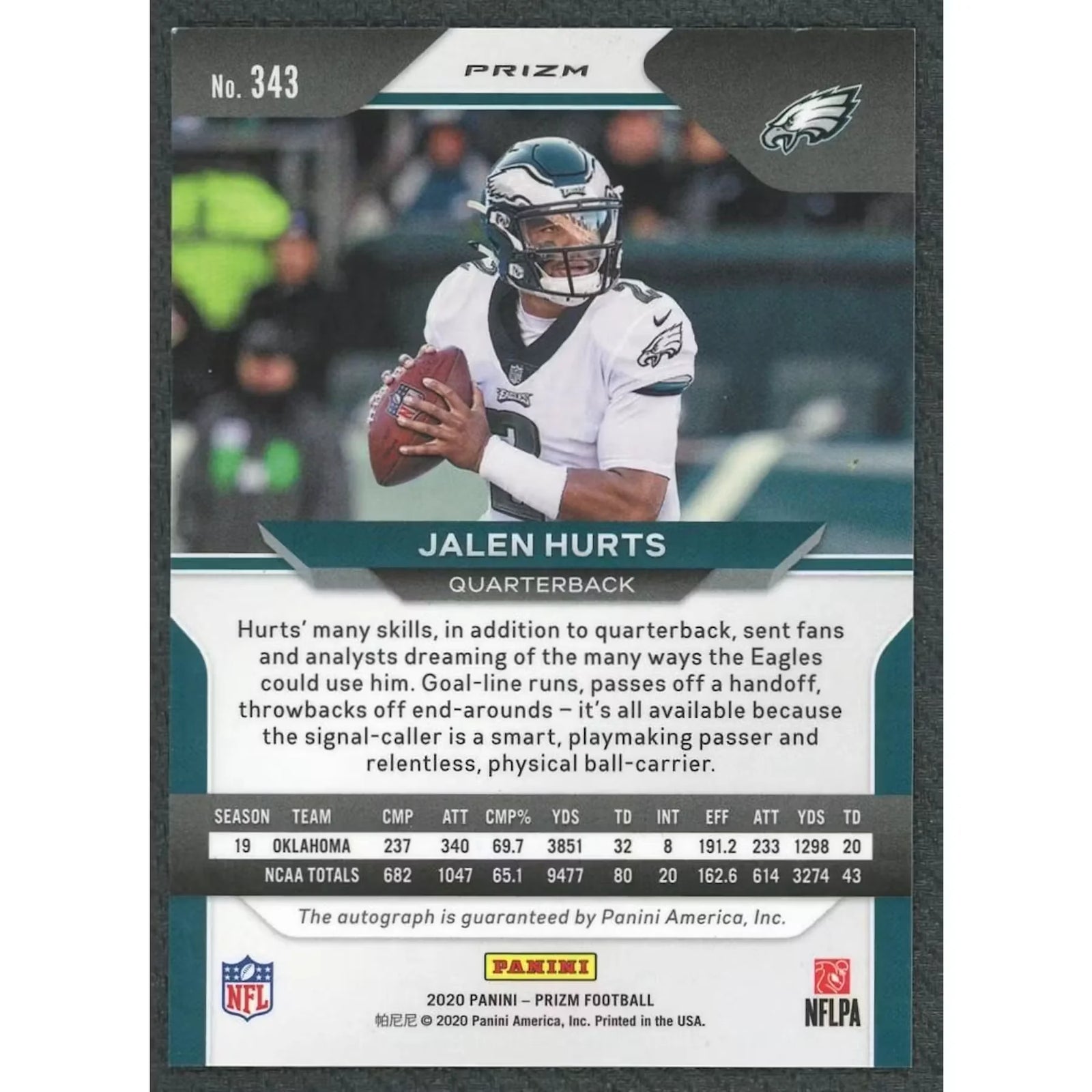 Jalen Hurts Signed 2020 Panini Prizm Neon Green Pulsar Rookie Card