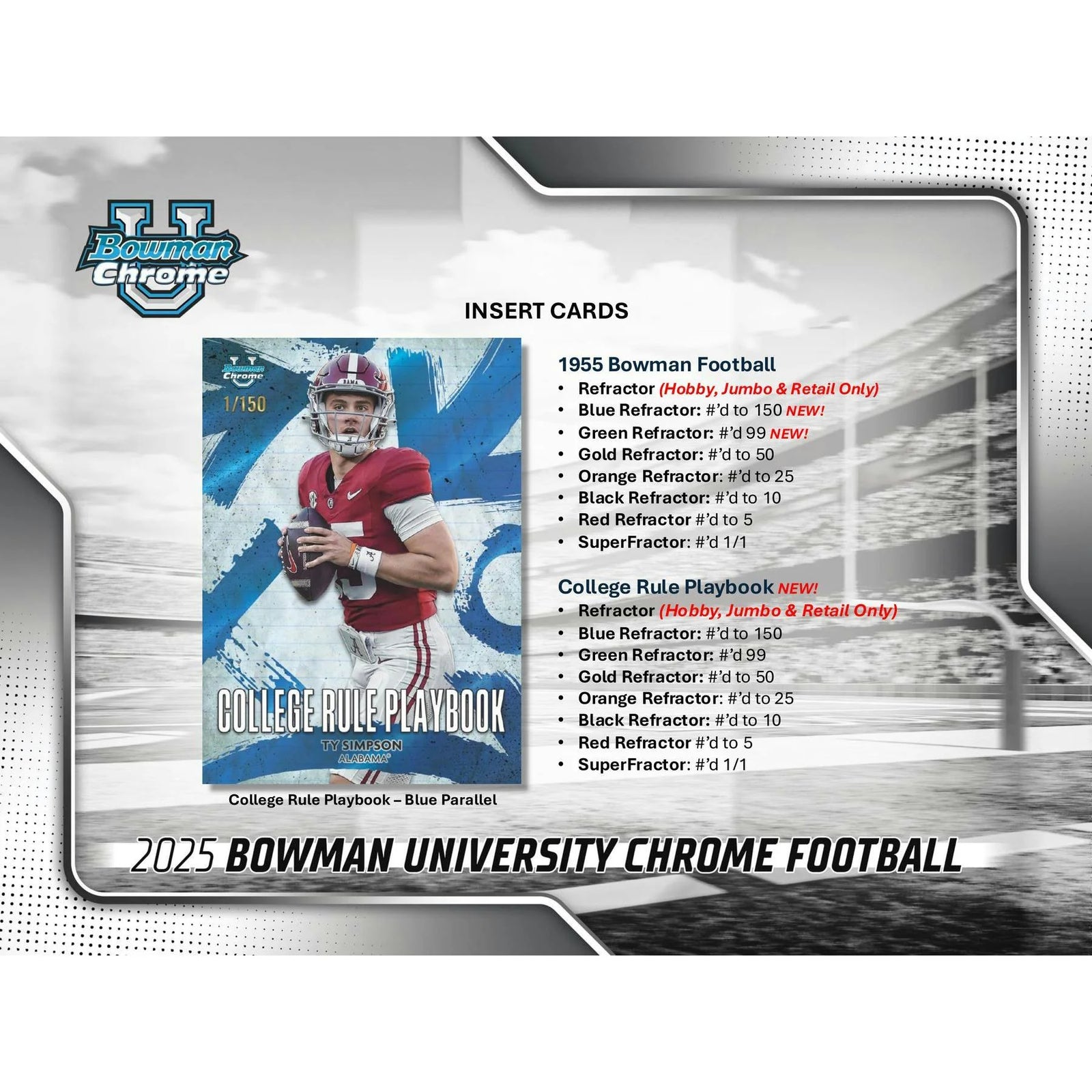 DRAFT - 2025 Bowman University Chrome Football Blaster 40-Box Case $1,299.95 Add to Cart