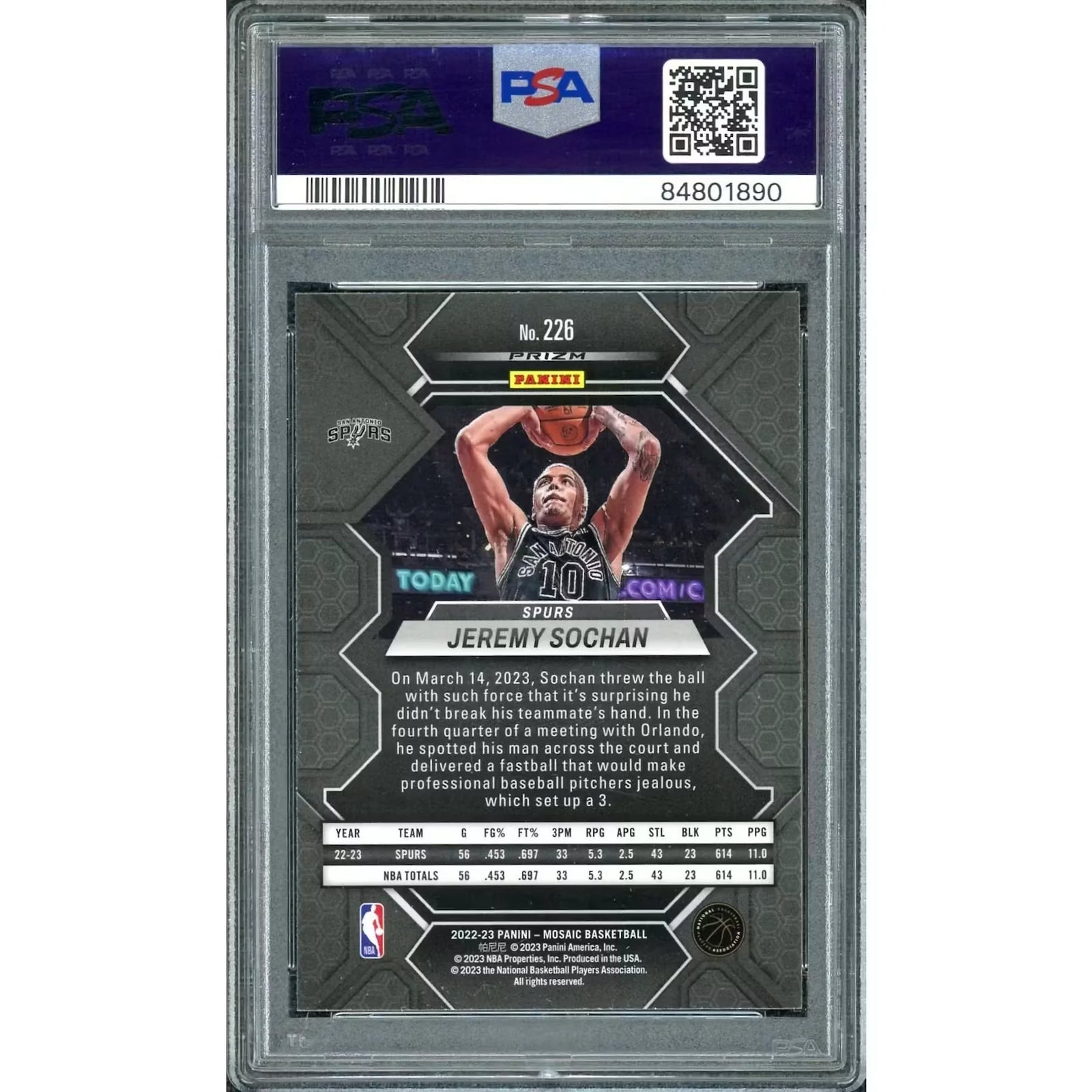 Jeremy Sochan 2022-23 Panini Mosaic Choice Peacock Rookie #226 | PSA 10