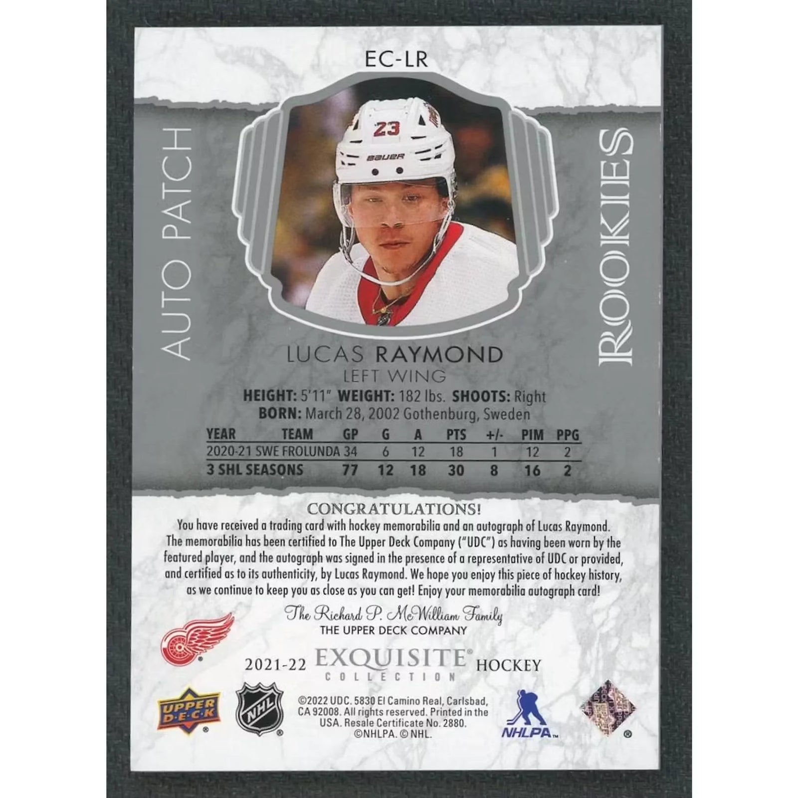 Lucas Raymond Signed 2021-22 Upper Deck Exquisite Rookie Patch |/23