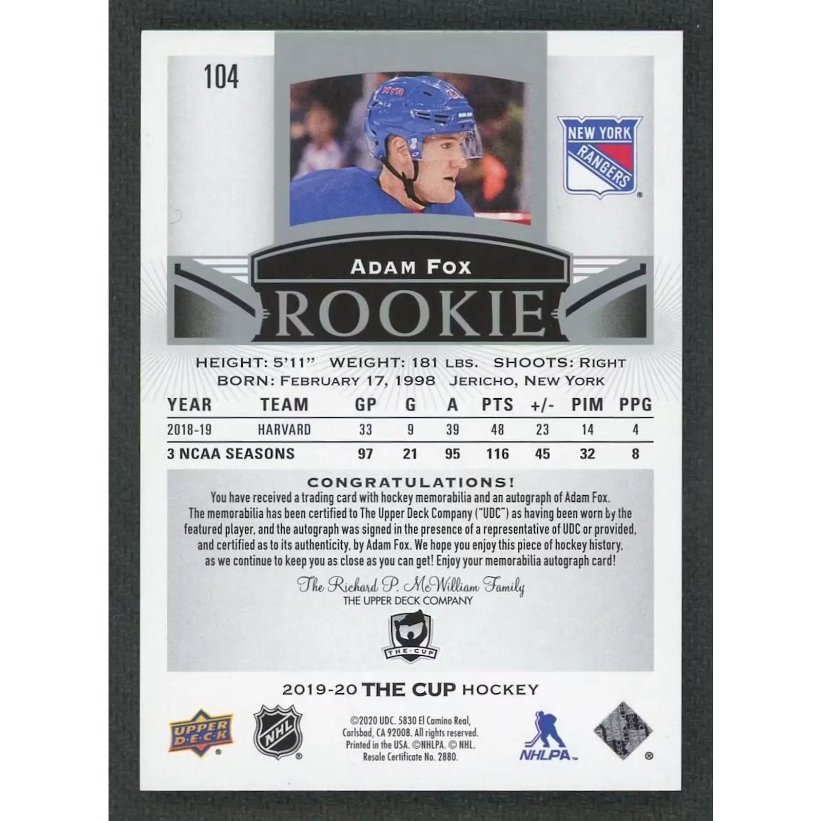 Adam Fox Signed 2019-20 Upper Deck The Cup Rookie Card | Auto Patch/249