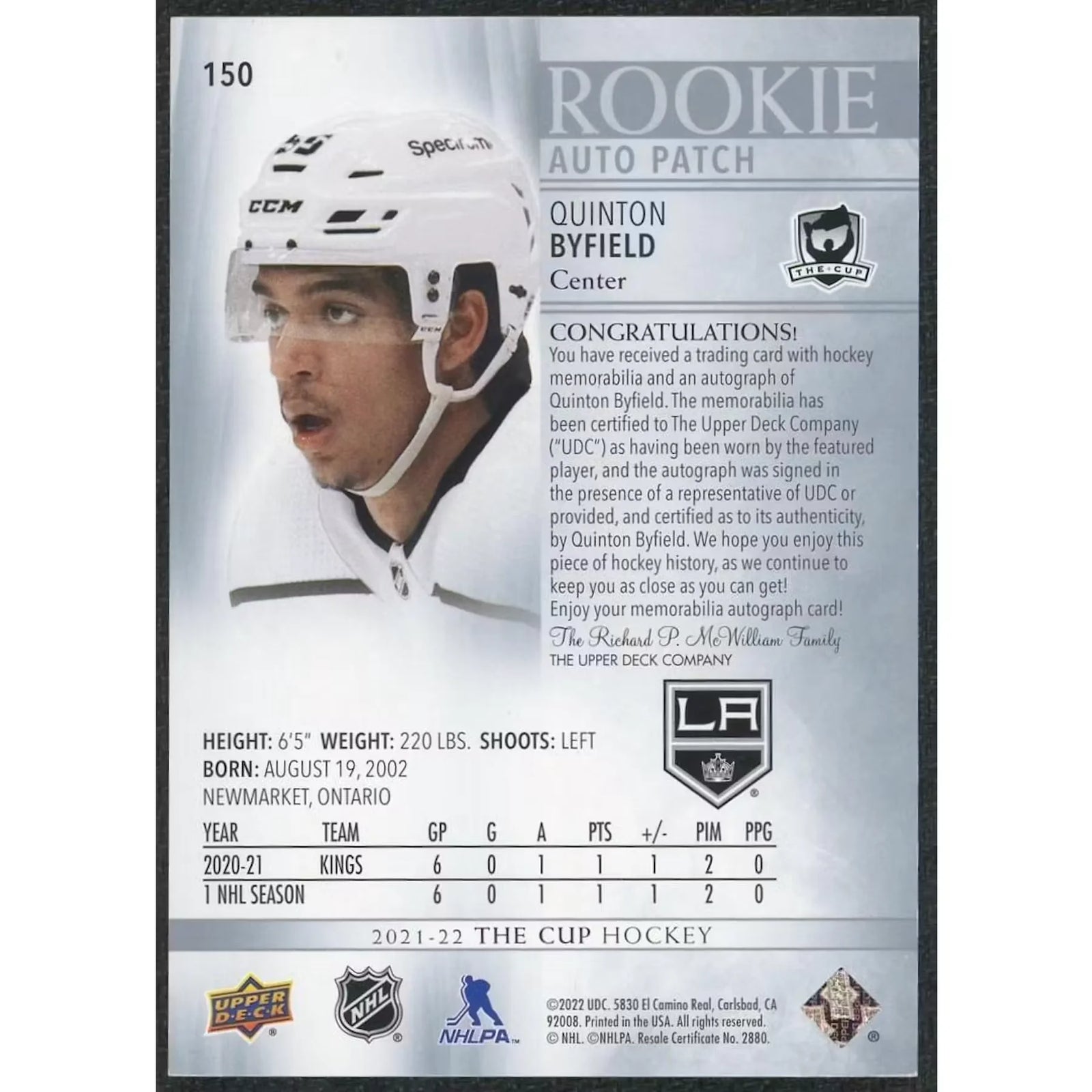 Quinton Byfield Signed Rookie Card | 2021-22 Upper Deck The Cup Auto Patch/99
