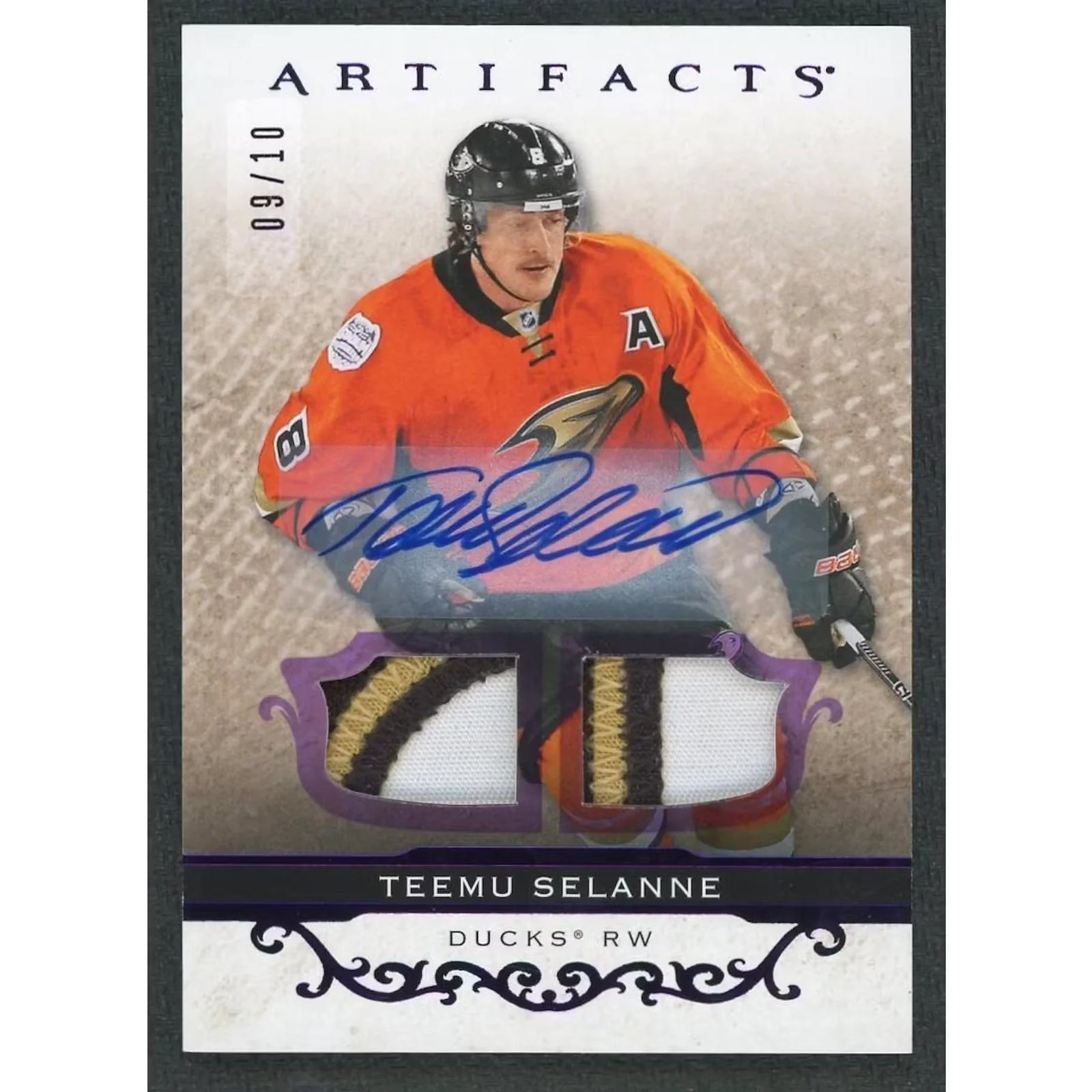 Teemu Selanne Signed Patch Auto Card | 2021-22 Upper Deck Artifacts Purple/10