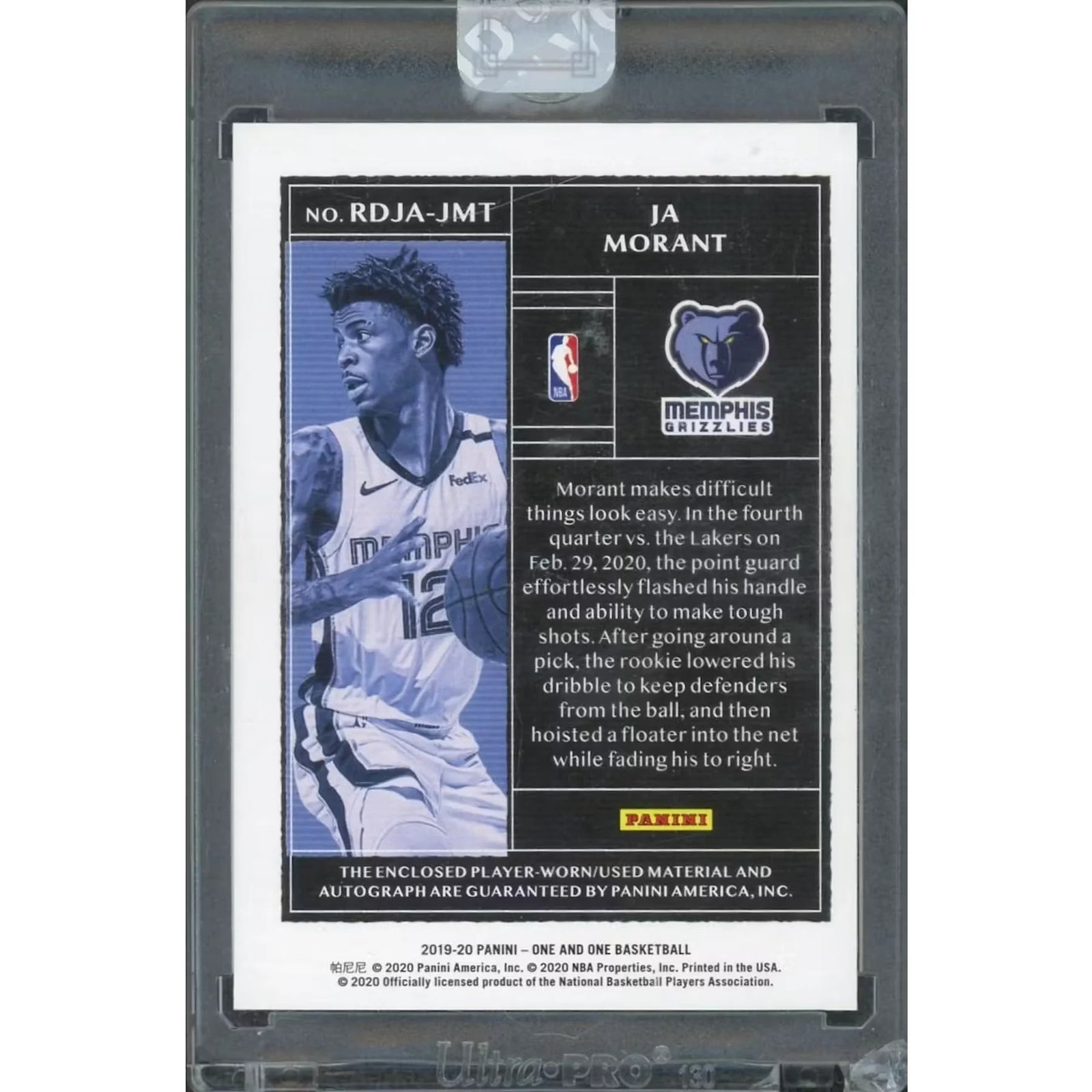 Ja Morant Signed 2019-20 Panini One and One Card | RPA/5