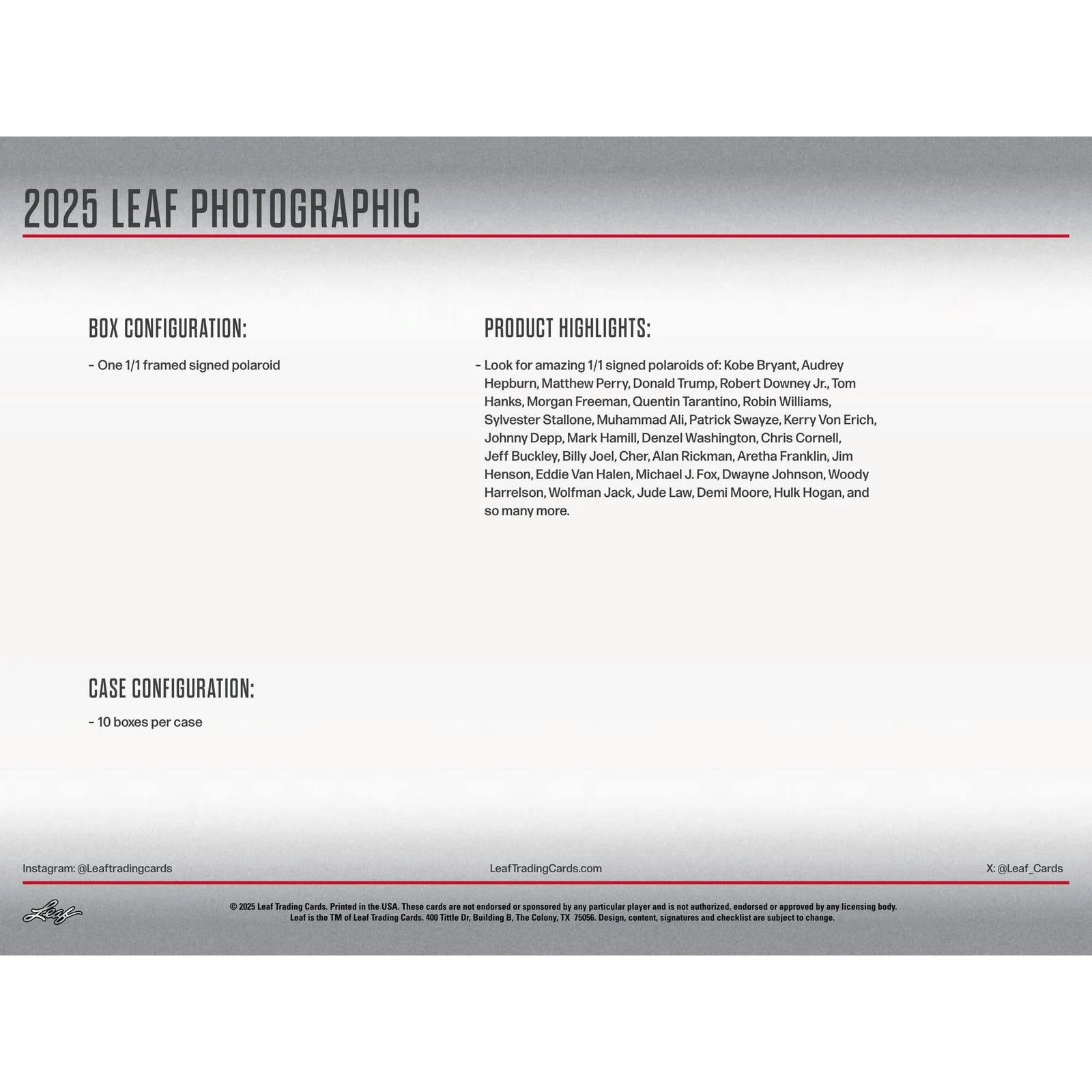 DRAFT - 2025 Leaf Photographic Hobby 10-Box Case | SKU BVAU0WZZ51