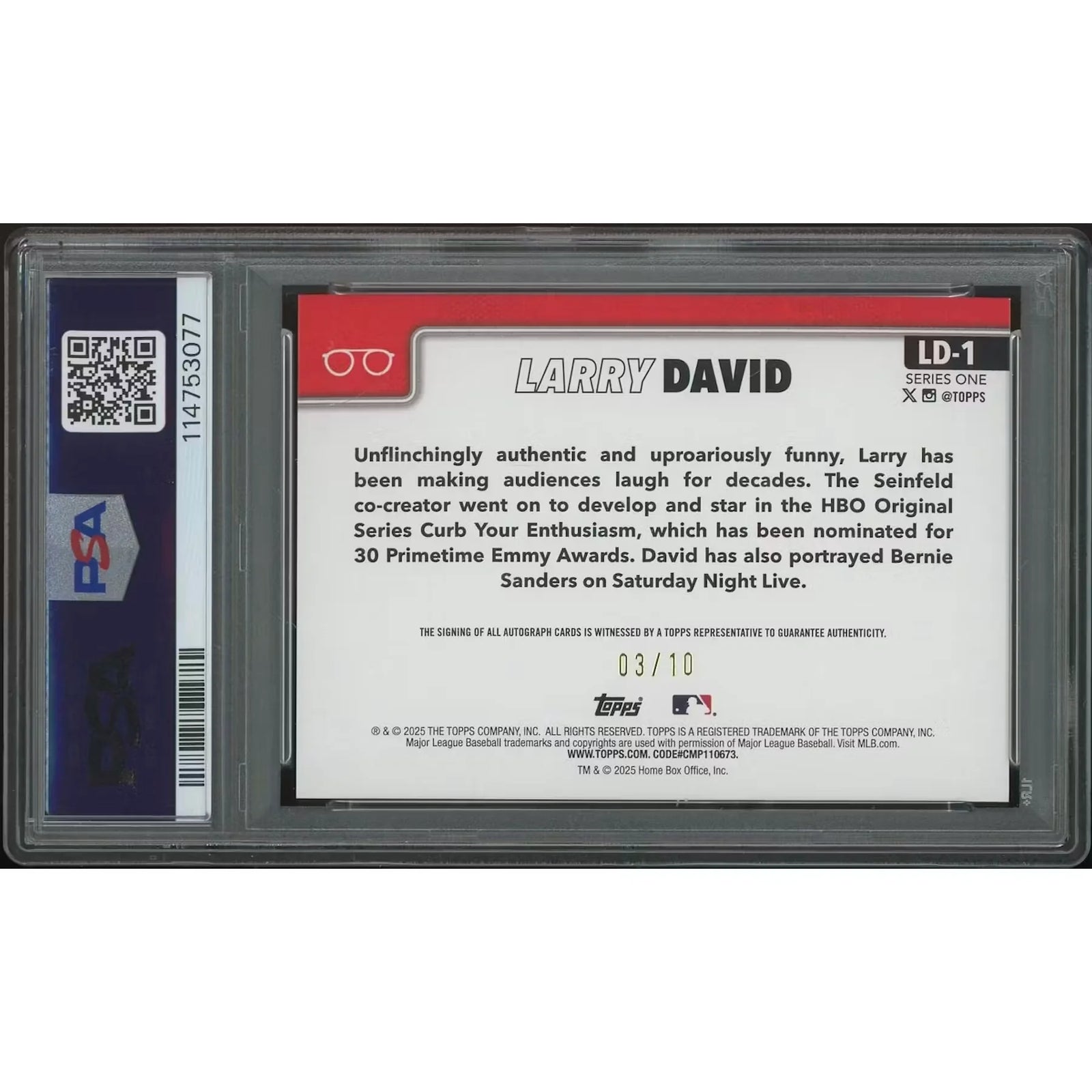 Larry David Signed 2025 Topps Baseball Card | Black Foil Auto #03/10 PSA 9