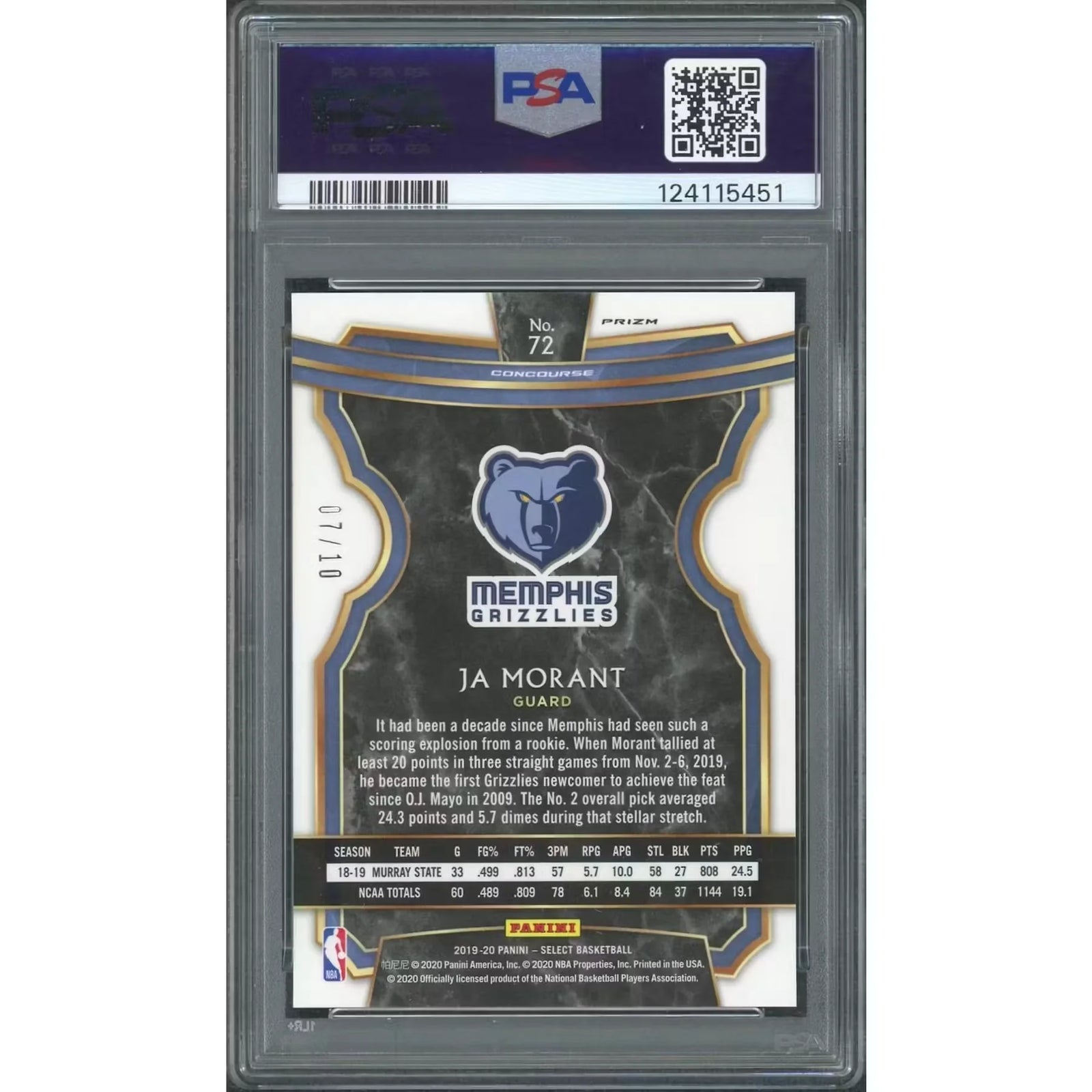 Ja Morant 2019-20 Panini Select Pink Parallel | PSA 10