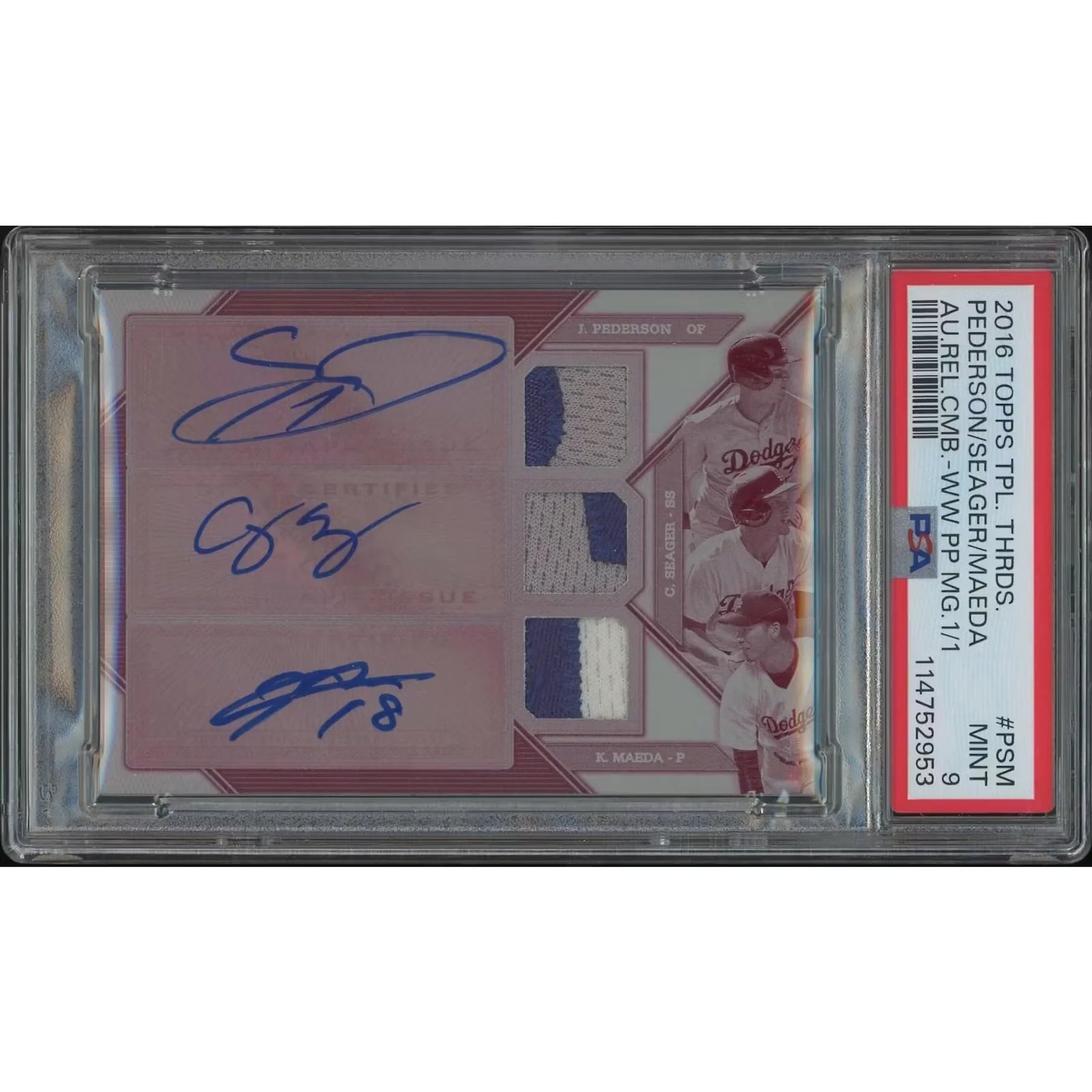 2016 Topps Triple Threads Maeda Seager Pederson Magenta Printing Plate Patch Auto | PSA 9