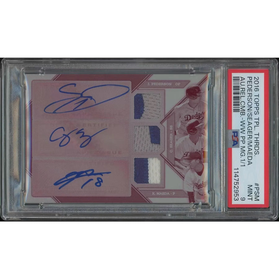 2016 Topps Triple Threads Maeda Seager Pederson Magenta Printing Plate Patch Auto | PSA 9