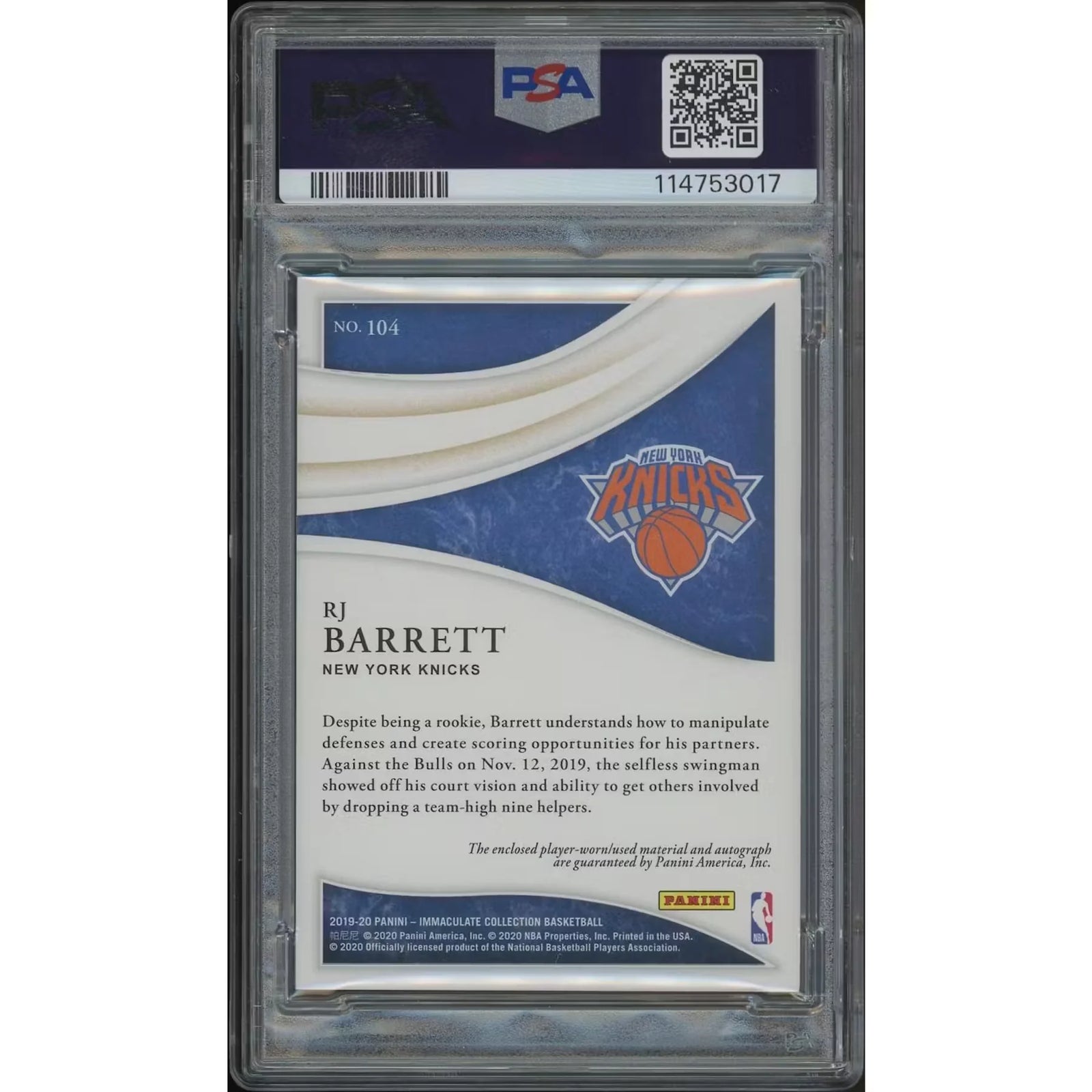RJ Barrett Signed 2019-20 Panini Immaculate Rookie Card | PSA 9 Mint