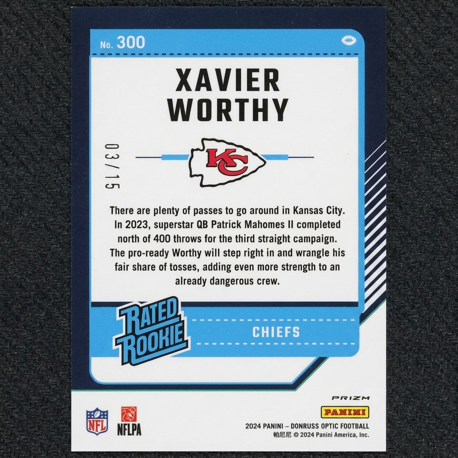 Xavier Worthy 2024 Panini Donruss Optic Blue Ice Rated Rookie Card |/15