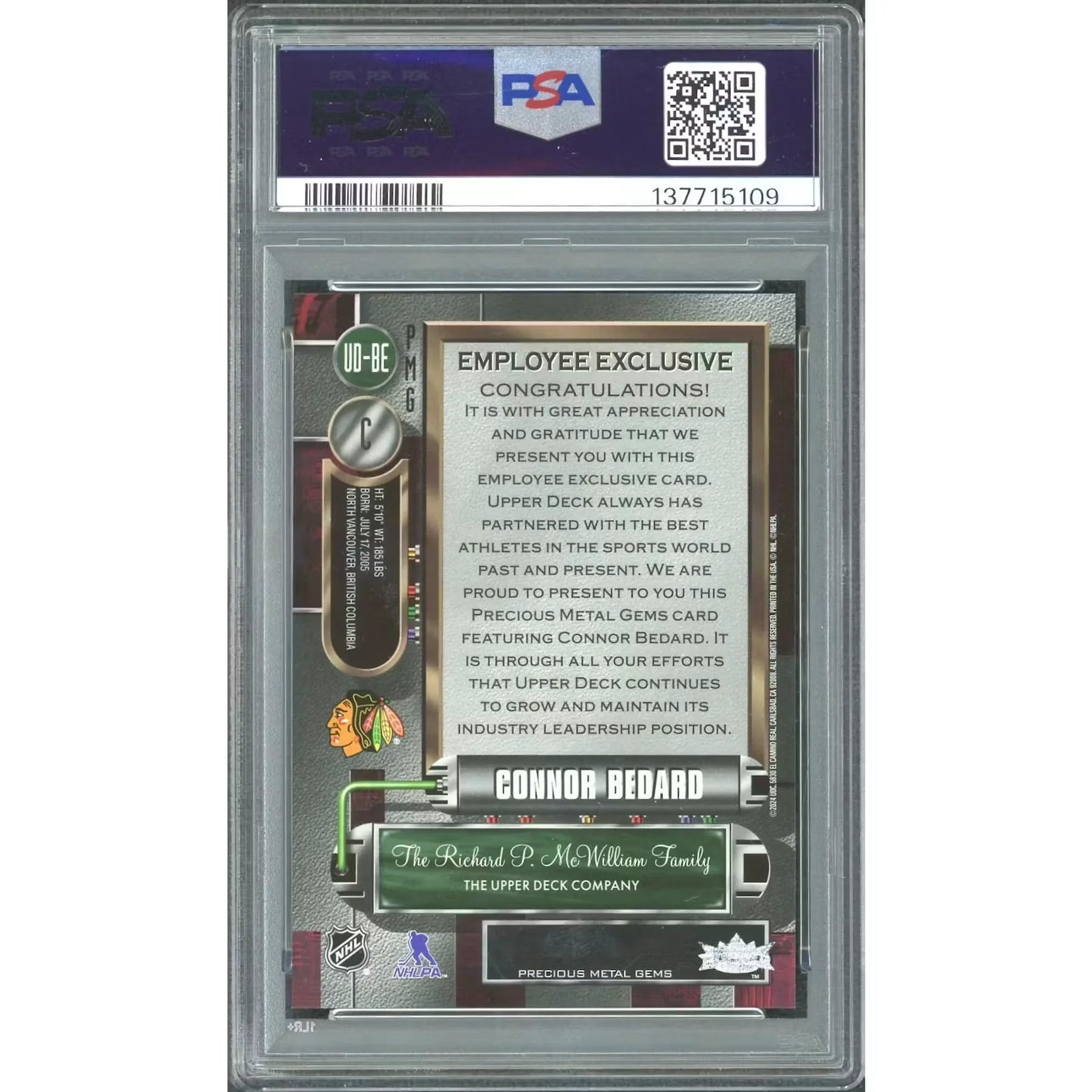2025 Precious Metal Gems PMG Connor Bedard Employee Exclusive Rookie PSA 8