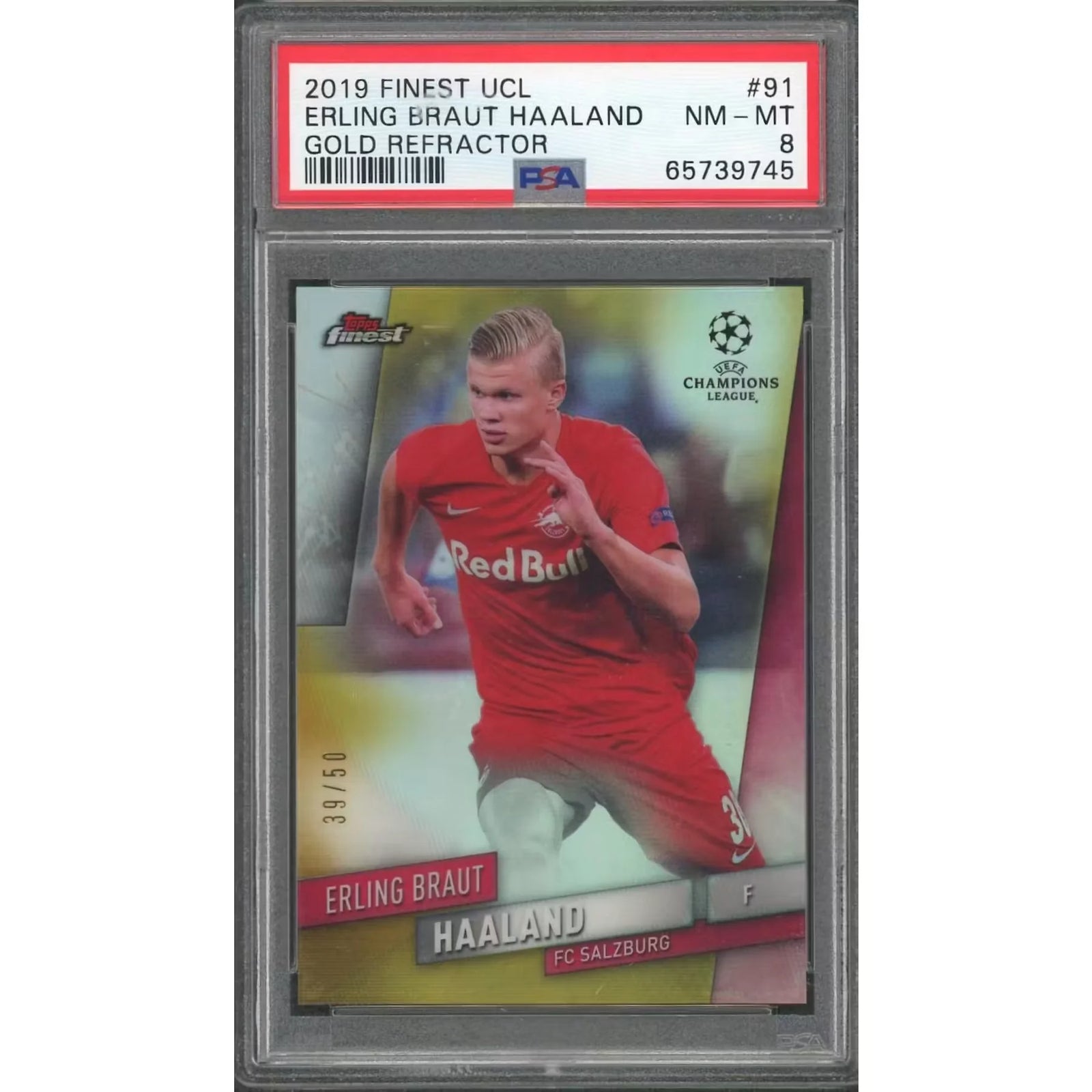 Erling Haaland 2019 Topps Finest UCL Rookie Gold Refractor #91 | PSA 8