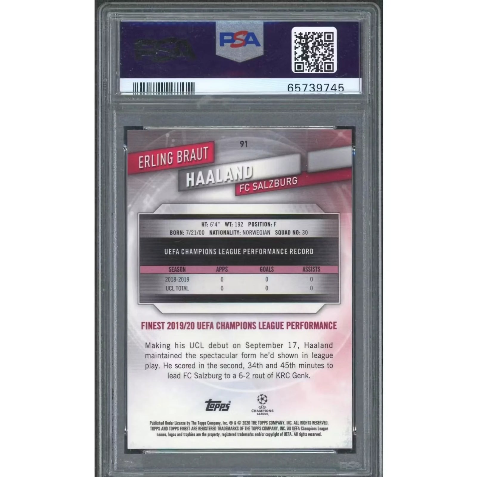 Erling Haaland 2019 Topps Finest UCL Rookie Gold Refractor #91 | PSA 8