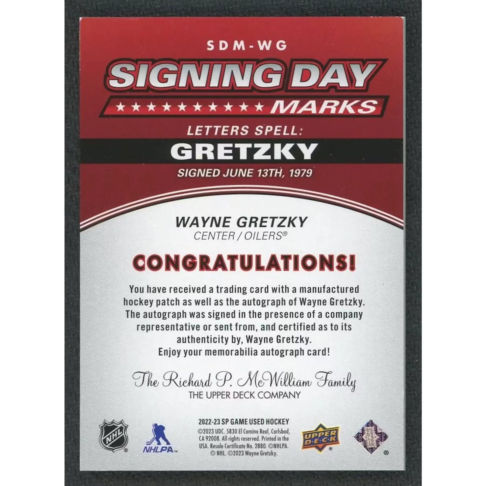 Wayne Gretzky Signed Trading Card | 2022-23 UD SP Game Used